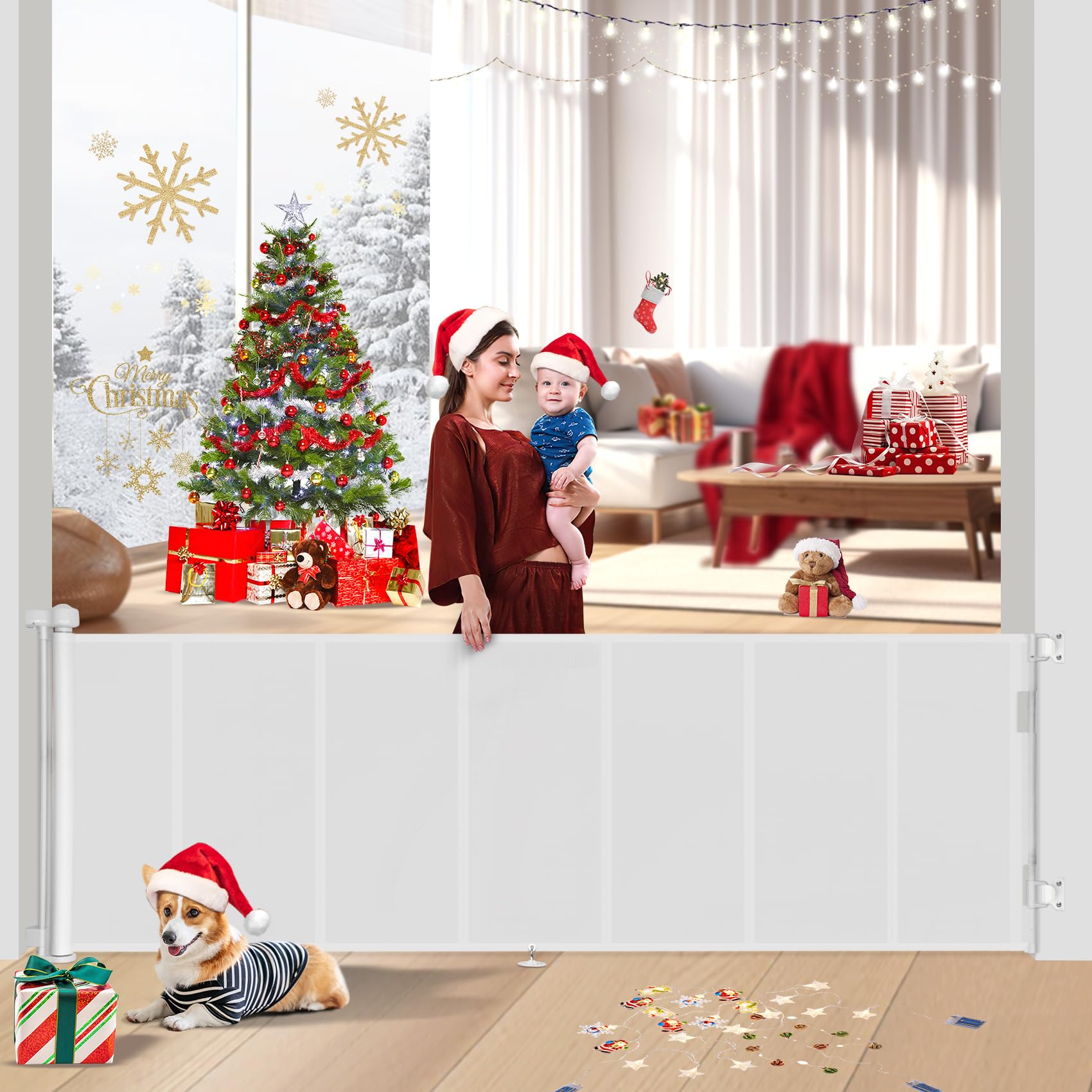 Upgrade 120 inch Retractable Baby Gates Extra Wide with Reinforced Strip Design to Prevent Crawling Through, 10 Foot Retractable Dog Gate, 34" Tall, Retractable Gate for Indoor/Outdoor