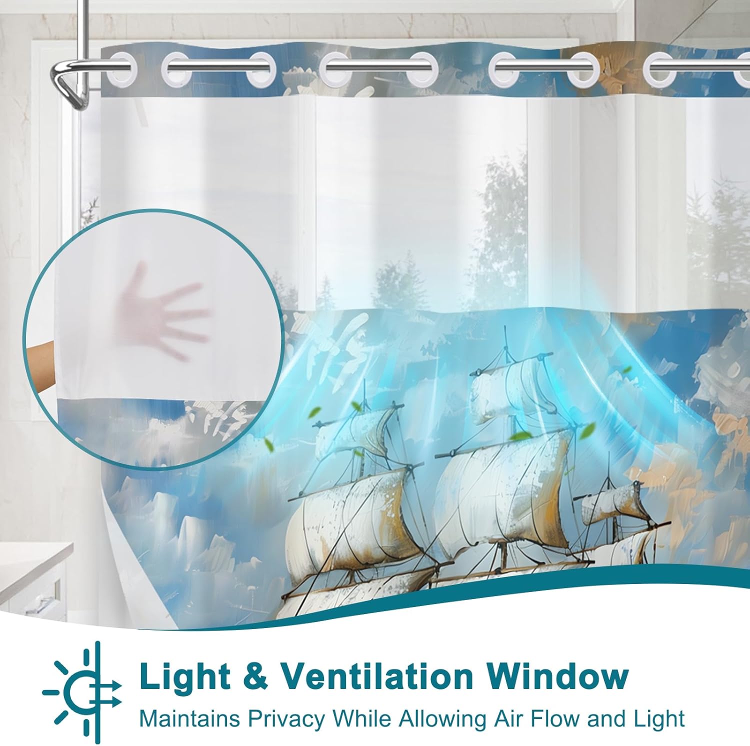 Nautical Blue Shower Curtain with Removable Liner, Shower Curtain No Hooks with See Through Window, Double Layer Fabric Shower Curtains, Coastal Voyage Ship Design for Bathroom Decor, 71x74 Inch