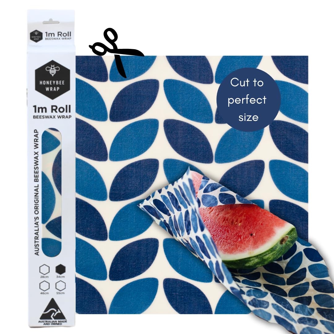 Honeybee Beeswax Wraps - Blue Leaf Pattern Beeswax Roll -Certified Organic Cotton Beeswax Wrap - Reusable Beeswax Wraps for Food - Plastic Wrap &amp; Sandwich Bags Alternative - 40’’ x 13’’