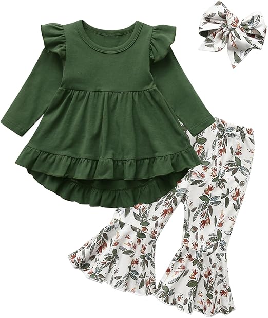 Toddler Baby Girl Clothes Fall Outfits Long Sleeve Top Solid Color Shirt + Flared Pants + Headband 3pcs Outfit Set