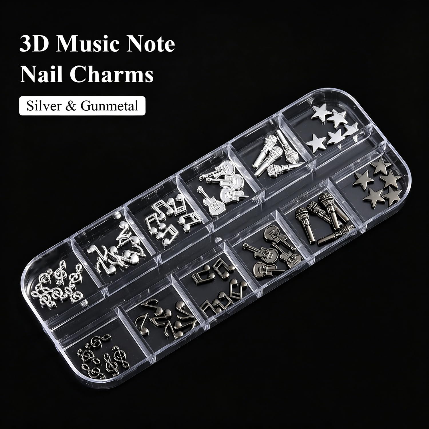 3D Music Note Nail Charms, Black Silver Metal Musical Charms image 2