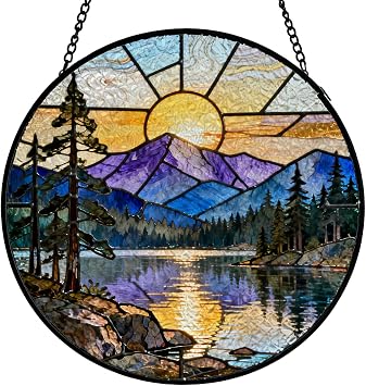 Rustic Lake Mountain Sunset Stained Glass Window Hanging, Nature Forest Lake Scenic Landscape Suncatcher Indoor Window Glass Round Wall Art Decor, 7.9x7.9 Inch