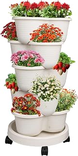 Hourleey 5-Tier Stackable Strawberry Planter - Vertical Garden Tower for Herbs, Vegetables, Flowers & Succulents Indoor/Outdoor