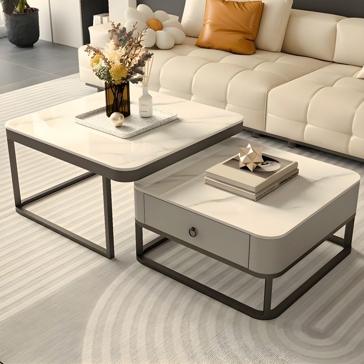 Welltrade Shoppee Modern Marble Finish Set of Coffee Table 2, Piece Stacking Tea Sofa Table Center Table with Wooden Drawer and Metal Frame for Living Room (White & Black) (B0DGQPL8SP) Amazon Price History, Amazon Price Tracker