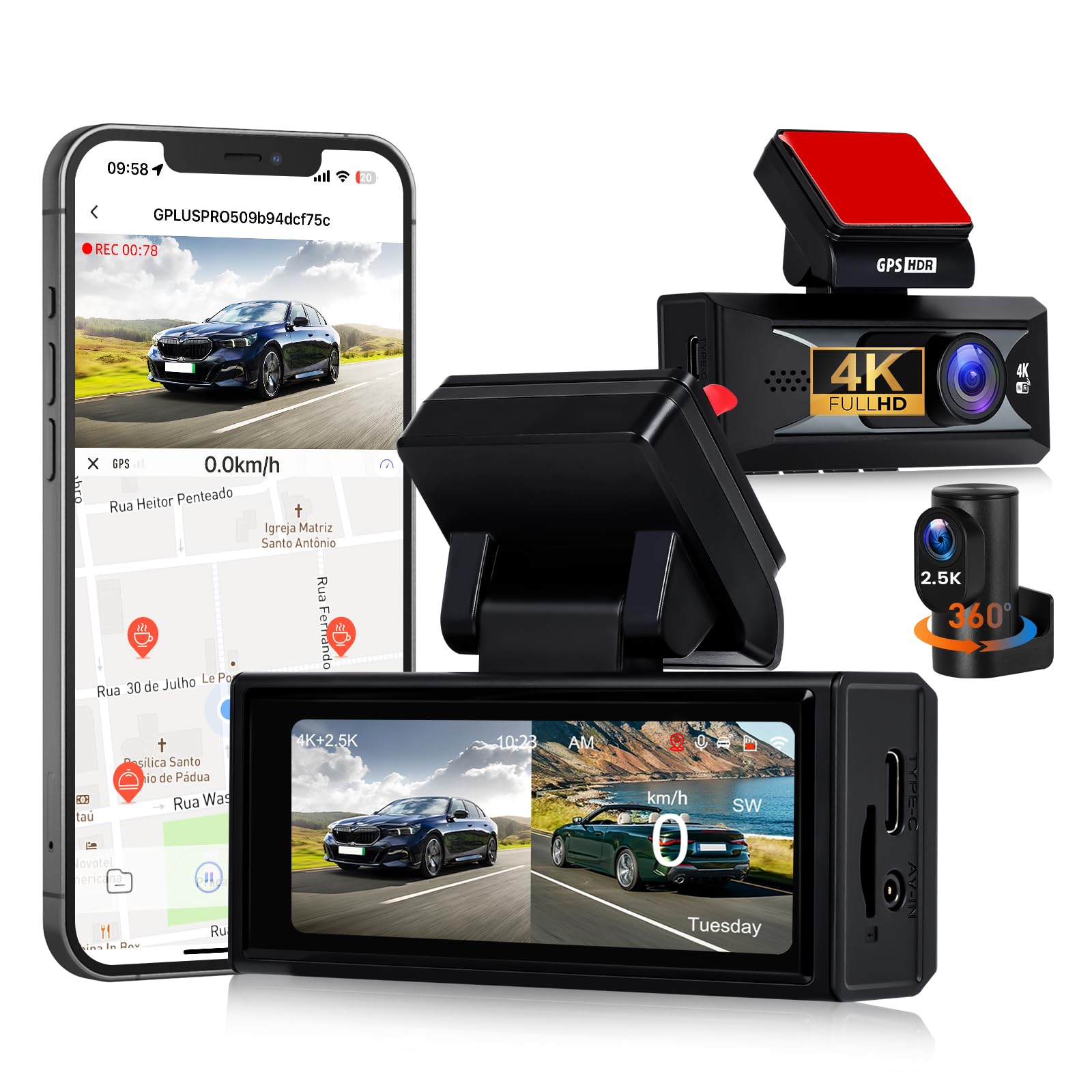 4K + 2,5K Cámara para Coches, Delantera y Trasera, Pantalla IPS de 3,16 Pulgadas, WiFi y GPS de 5 GHz Integrados, ADAS, Sensor G, Visión Nocturna Superior, Grabación en Bucle
