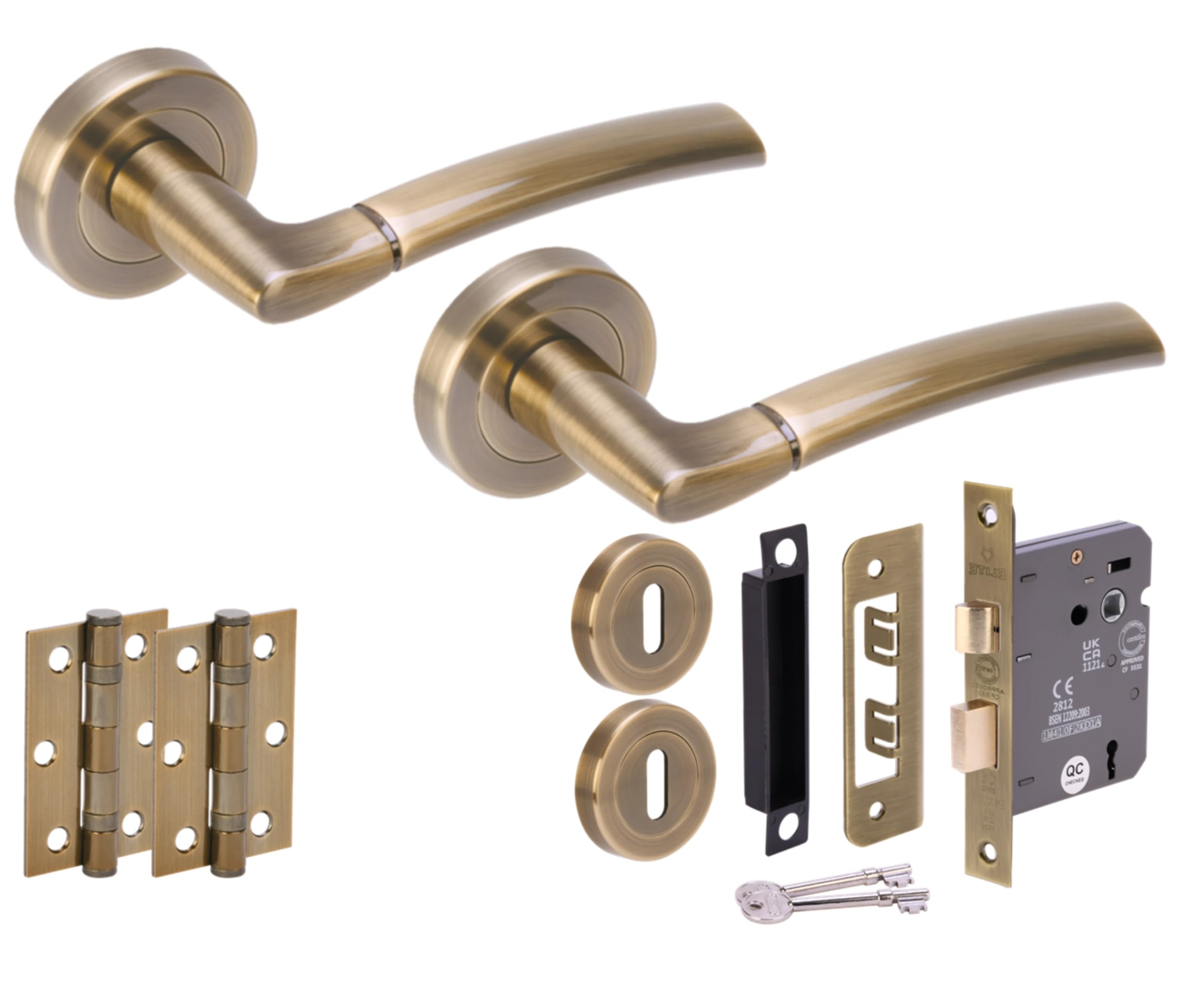 Hunta HANDLEZONE® Neemo Door Handles on Rose 3 Lever Lock Pack with Ball Bearing Hinges - Antique Bronze
