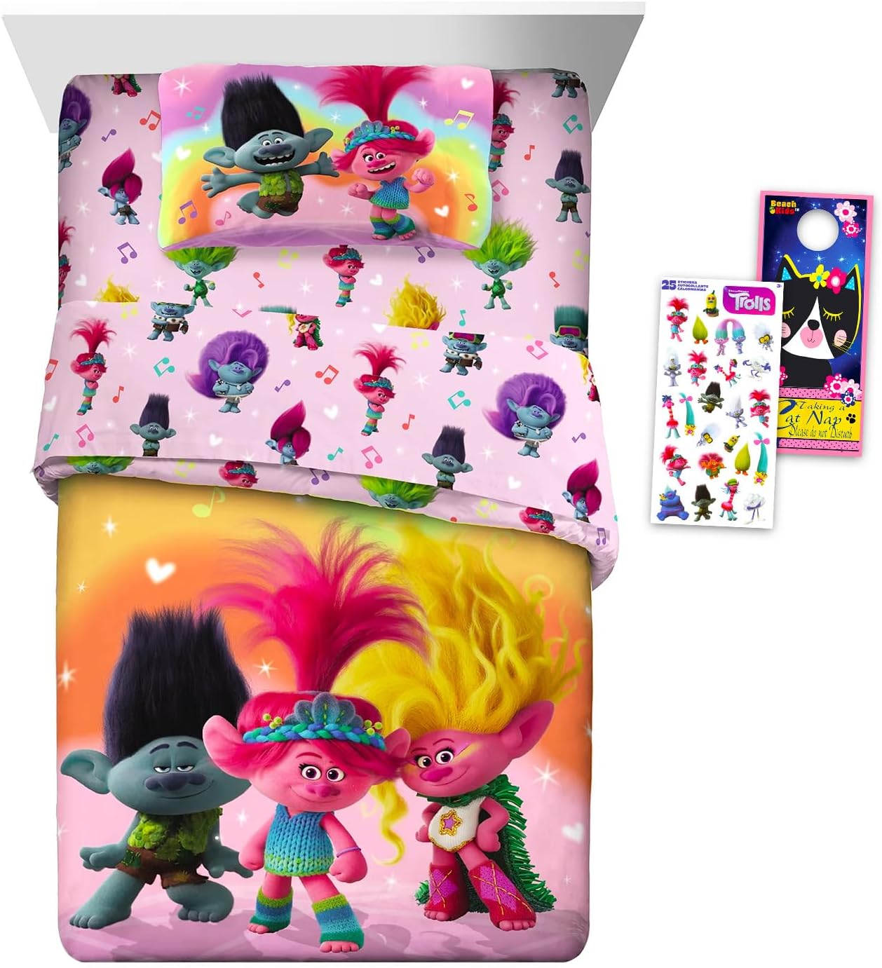 Dreamworks Trolls Bedspread Twin Set for Kids - Bundle with Poppy Quilted Bedspread for Twin Bed Plus Pillowcase, Stickers, More | Trolls Poppy Twin Bedding Set for Girls