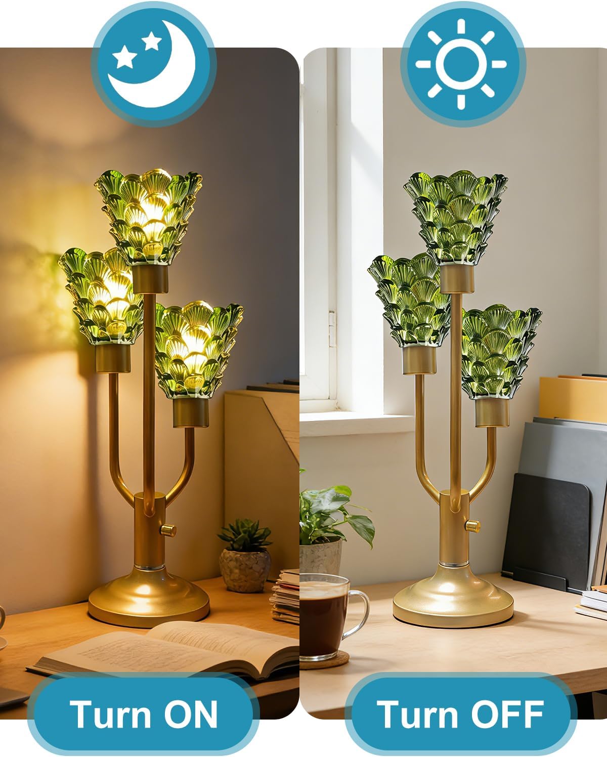 Glass Table Lamp Dimmable Mid Century Modern 3-Light Gold Desk Lamp with Green Glass Shade& Bulb Included 3000K Warmwhite Nightstand Bedside Lamp for Bedroom Living Room End Table