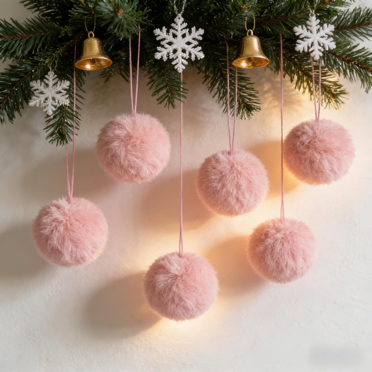 12 Pcs Christmas Pink Furry Ball Ornaments Furry Elf Ornaments for Tree Hanging Decorations Soft Faux Fur Pom Pom Ball Ornaments for Christmas Party Tree Home Supplies (Pink) image 2
