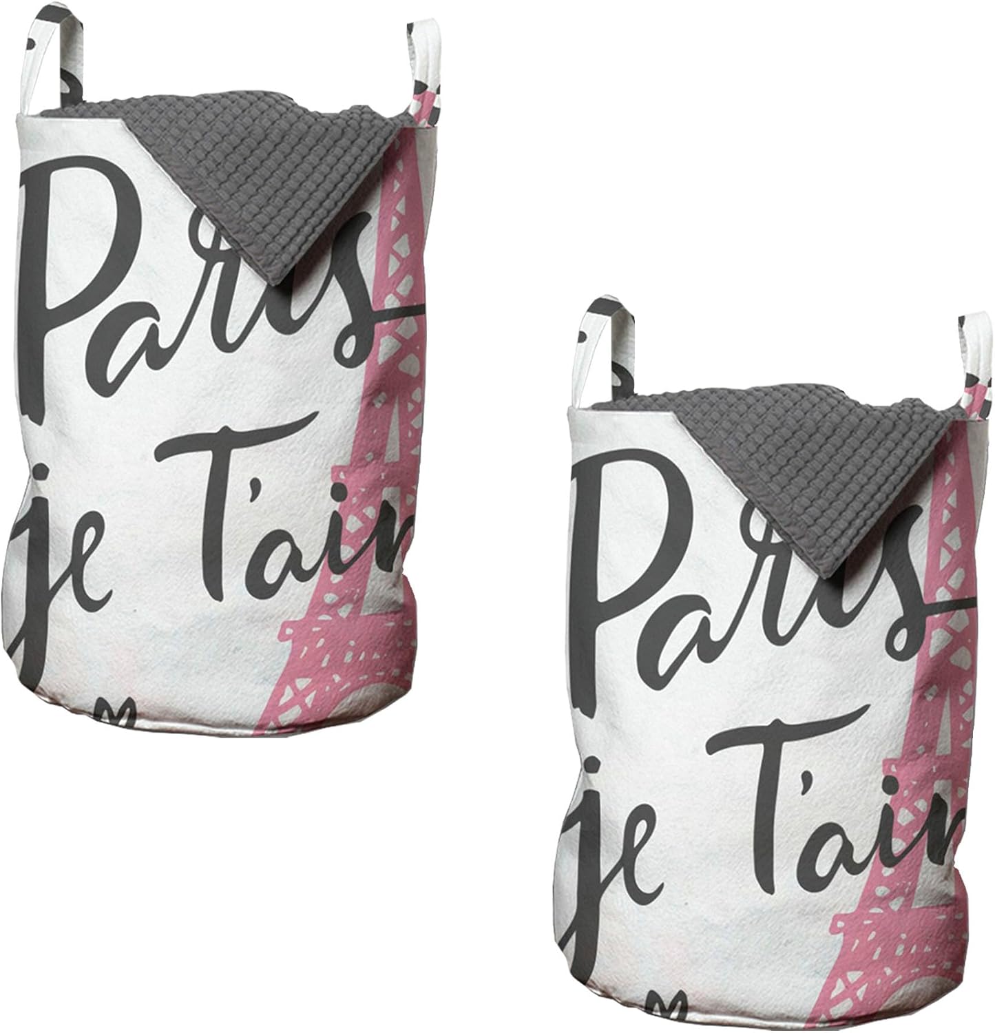 Ambesonne Paris Laundry Bag Pack of 2, Je Taime Lettering Vintage European Symbol of Romance Eiffel Tower Heart Shapes, Hamper Basket with Handles Drawstring Closure, 13" x 19", White Baby Pink