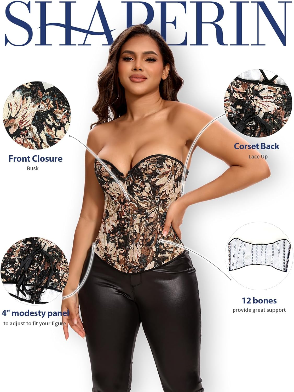 SHAPERIN Corset Tops for Women Vintage Floral Denim Overbust Corset Renaissance Bustier Top Waist Cincher Going Out - Image 6