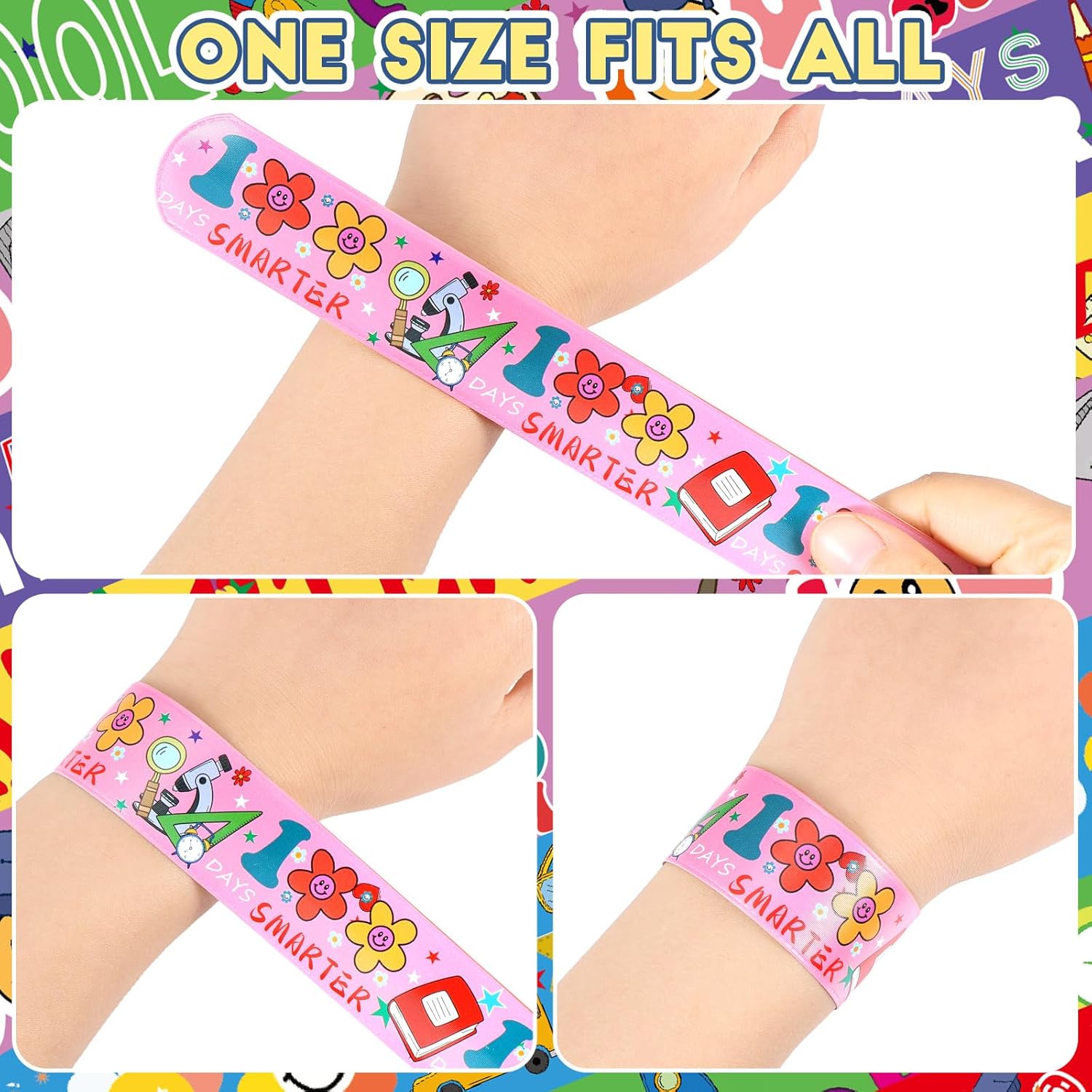 48 Pcs Happy 100 Days of School Slap Bracelets 100th Day School Snap Slip Wristband 12 Assorted Styles Slap Bracelets Smarter 100 Days Party Favors School Classroom Prize Gifts