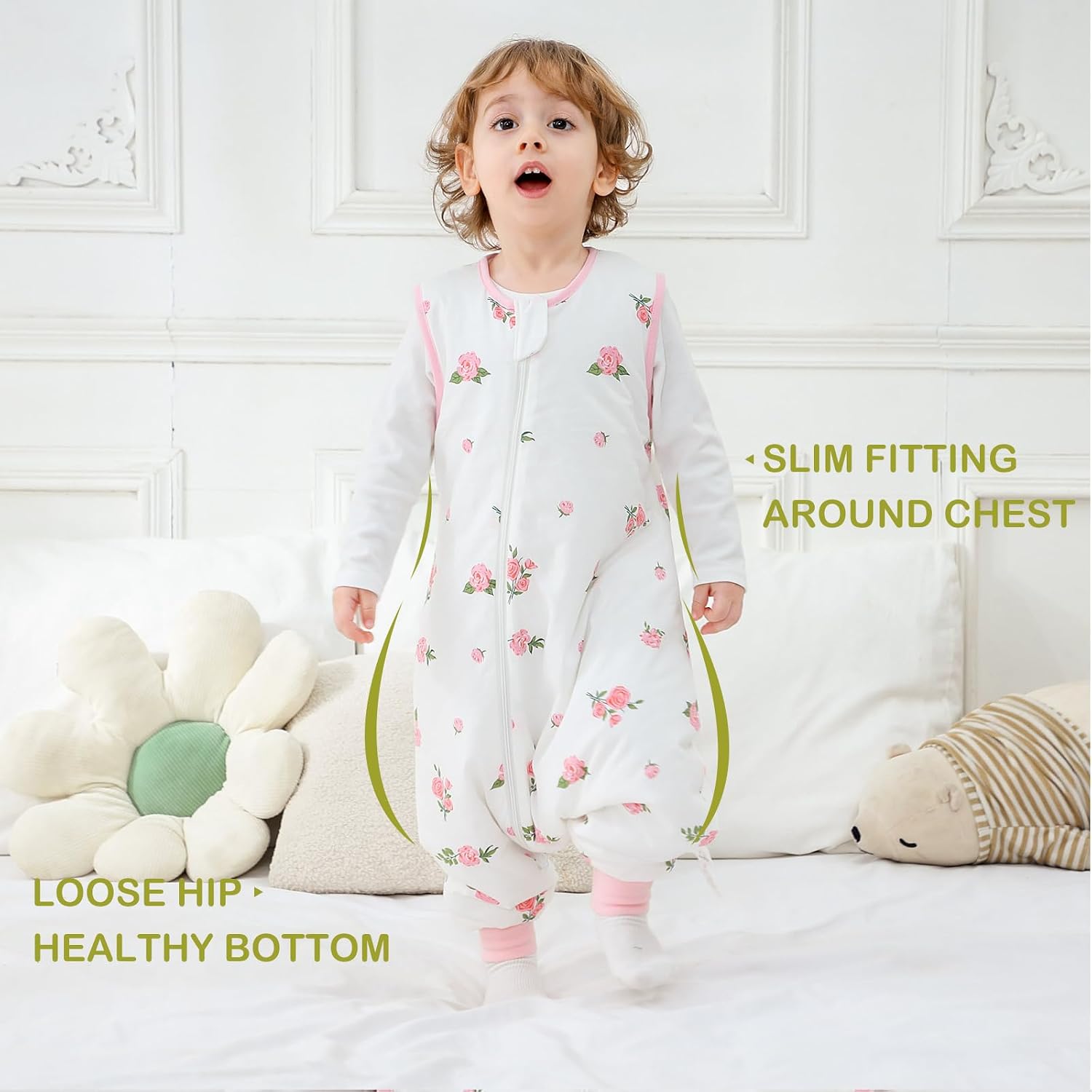 1.5 TOG Organic Cotton Toddler Sleep Sack with Legs, Super Soft All-Season Cozy Sleep Sack with Feet for Babies, Bloom, L