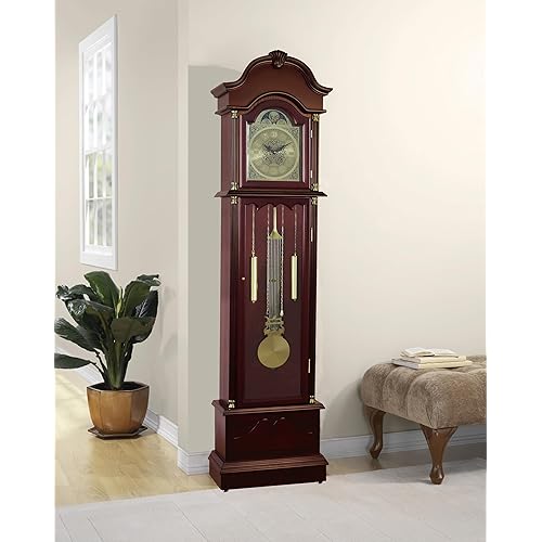 Grandfather Floor Clock, Cherry Finish, Pendulum with Gold Accents, Moon Phase Dial, 72 Inch Tall