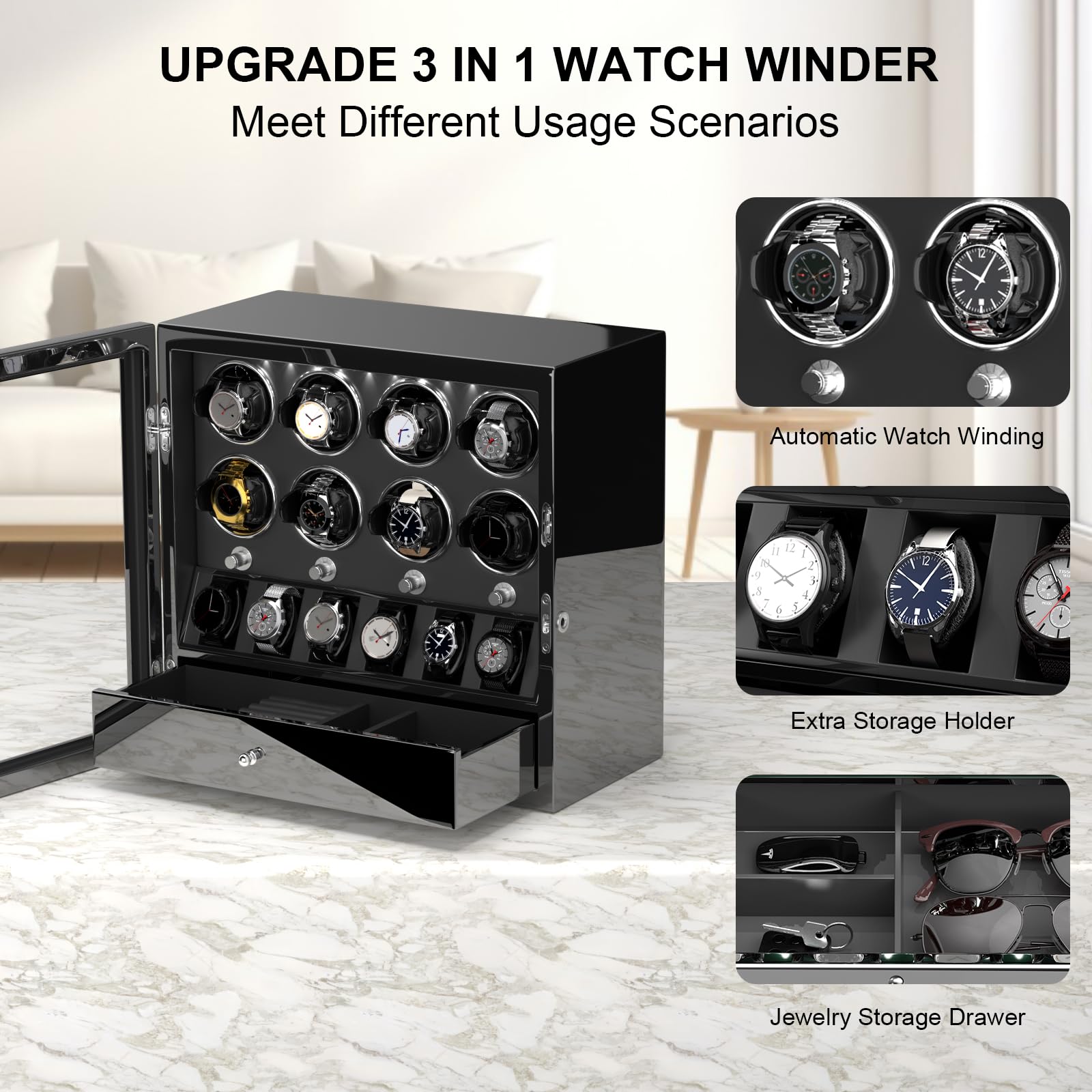 DUKWIN Watch Winder for 8 Automatic Watches,Lockable Watch Winders with Watch Holder and Jewelry Storage, Super Quiet Mabuchi Motor with High-Gloss Piano Lacquer Finish,Built-in Illumination-Black