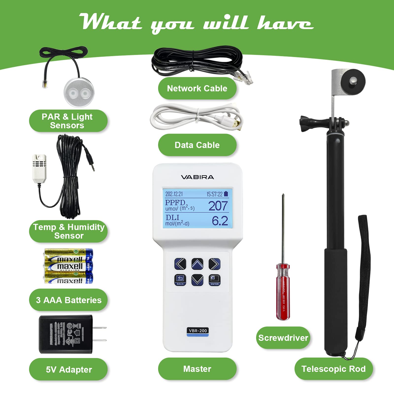 VBR-200 PAR Meter for Grow,Data Logger,Test PPFD,DLI,LUX,CCT,Temperature,Humidity,VPD.Dimmer, Blue - Image 4