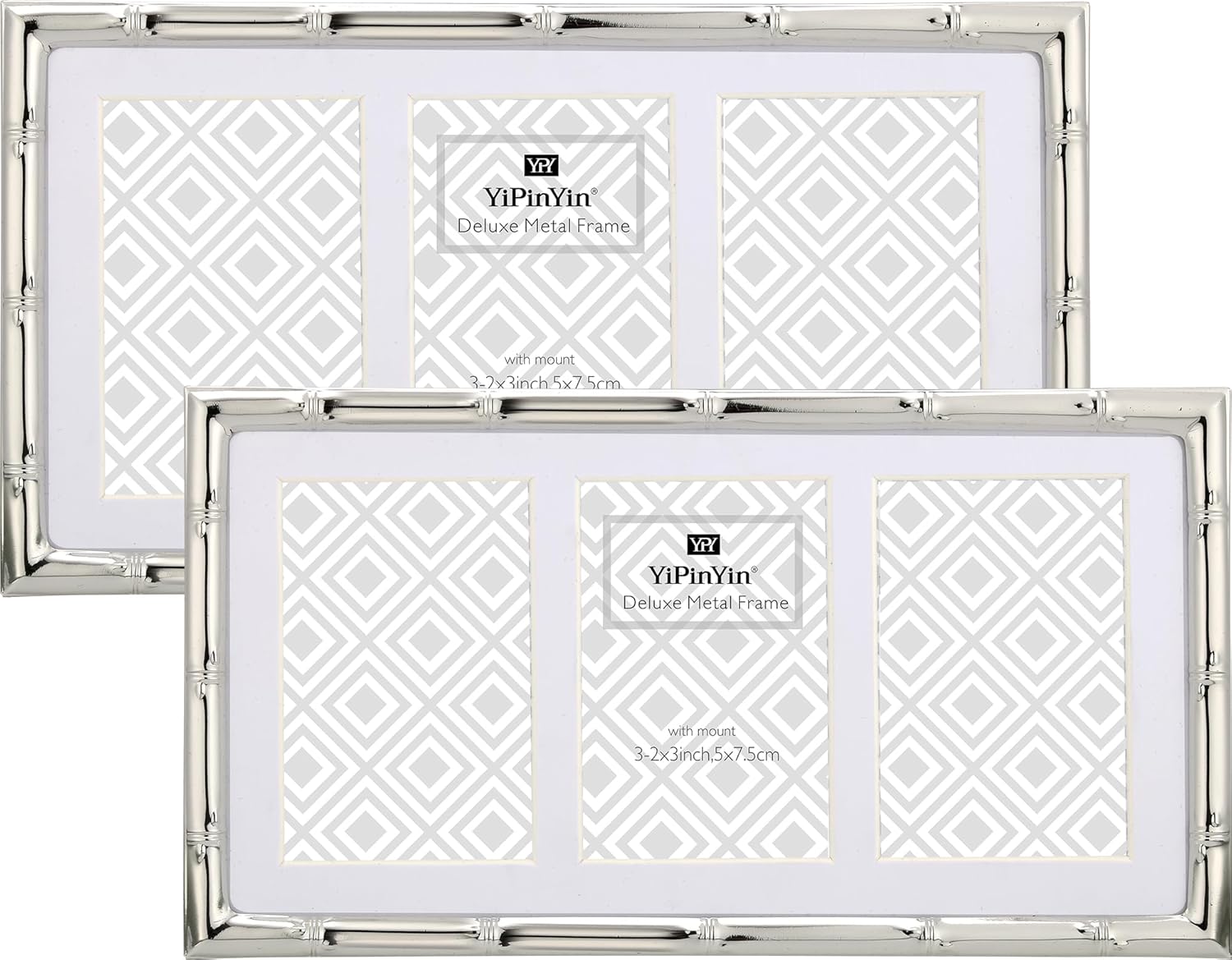 YiPinYin 3-2x3'' Silver Multi Metal Picture Frames 3 setion frame 2pack, Bamboo Detail Silver Plated Nurse Photo Frames 3-2x3'' Baby frames With Soft Velvet Backing for Desktop and Wall Décor
