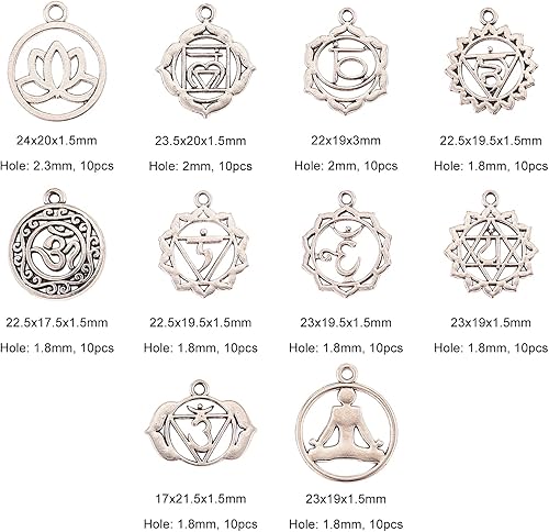 Miniatura 3 de Ipotkitt 100 unidades, 10 estilos, estilo tibetano, redondo, plano, con aleación de yoga, colgantes, adornos curativos para pulseras, collares,