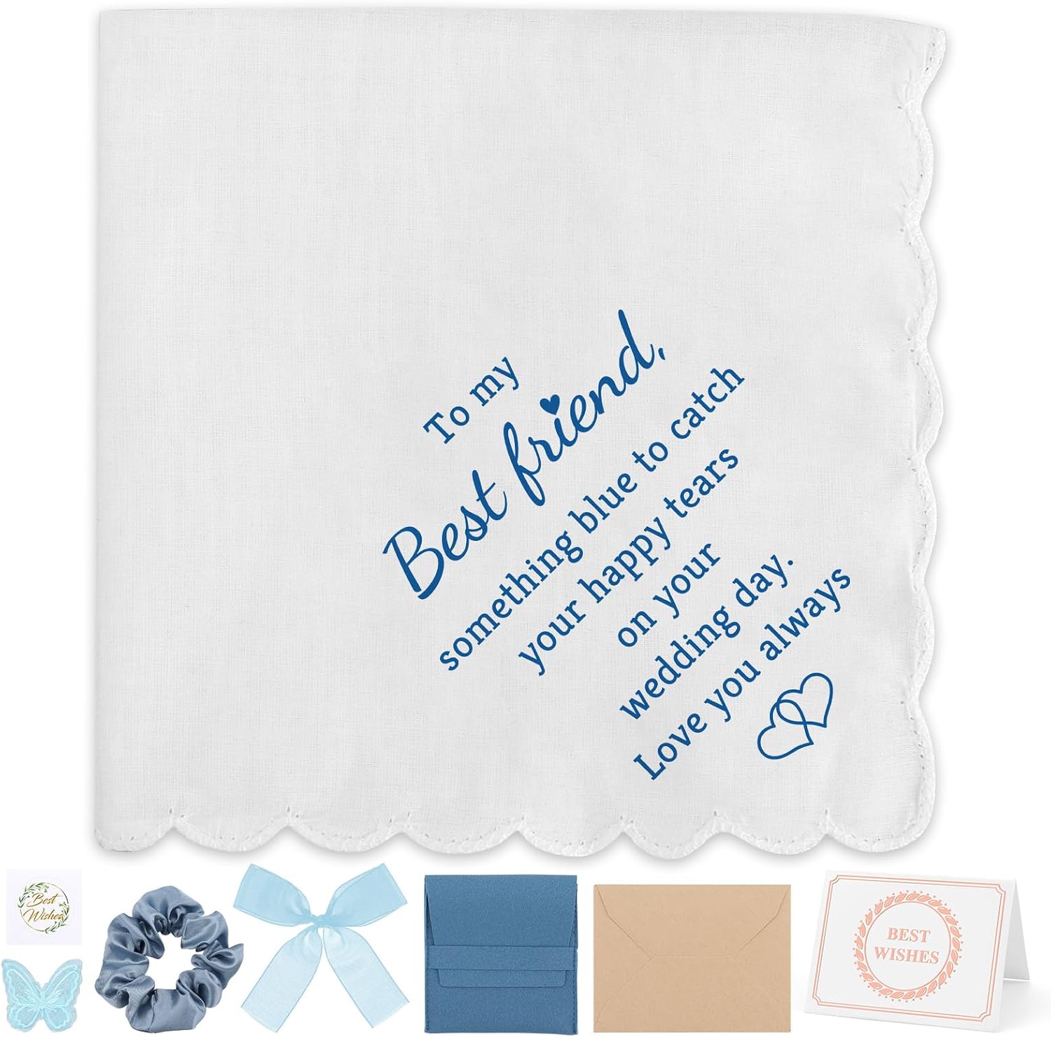 Wedding Handkerchiefs Something Blue Gift for Bride on Wedding Day Handkerchief Gift for Bride from Maid of Honor Best Friend Bridal Shower Gifts Happy Tears Weddings Handkerchief from Best Friend
