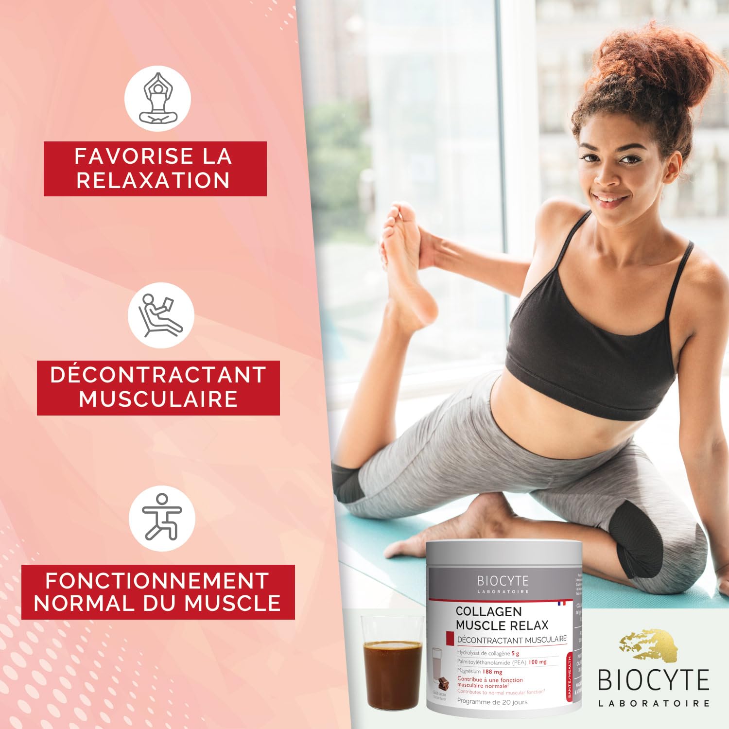 BIOCYTE Collagen Muscle Relax - Complément Alimentaire Décontractant Musculaire, Relaxation - Collagène, PEA, Magnésium et Vitamine B6 45 Gélules - Poudre 220 g - 20 jours de prise