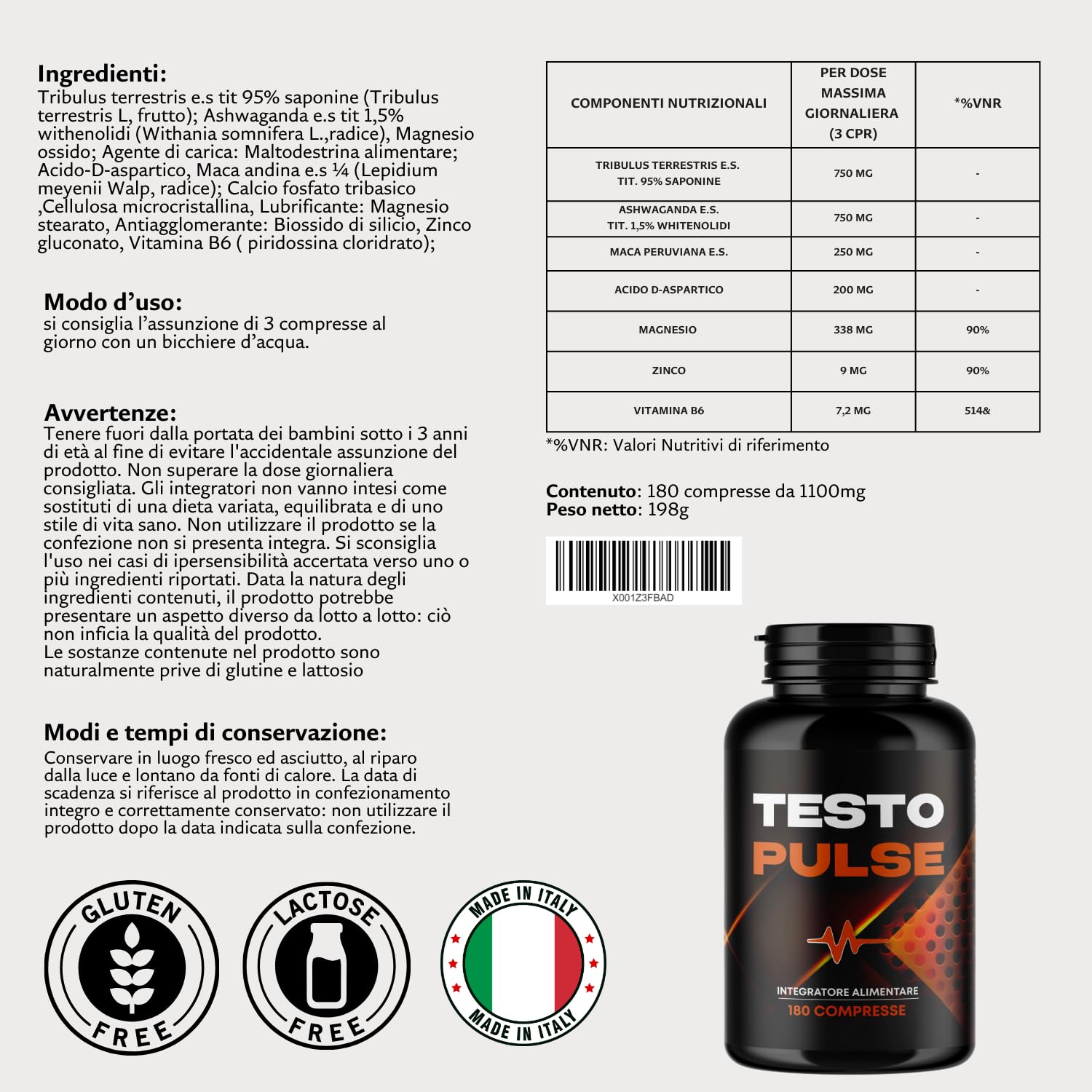 Testosterone Uomo | 180 Compresse | Azione Booster Rapida e Potente | Aumento Massa Muscolare Uomo I Alto dosaggio di Tribulus Terrestris, Maca Peruviana, Ashwaganda e ZMA, Testo Pulse