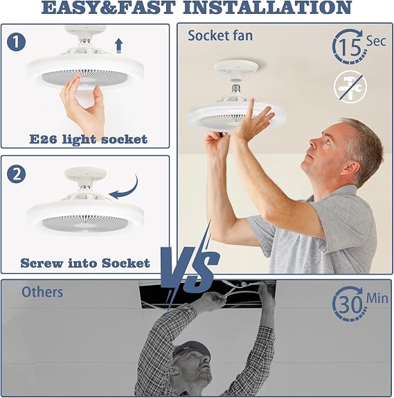 Socket Fan Light with Remote Control, 10 Inch Socket Ceiling Fan Dimmable 3 Light Color, 3 Speed Light Bulb Fan Mini Ceiling Fans for Kitchen Bathroom Store Room Garage Silver