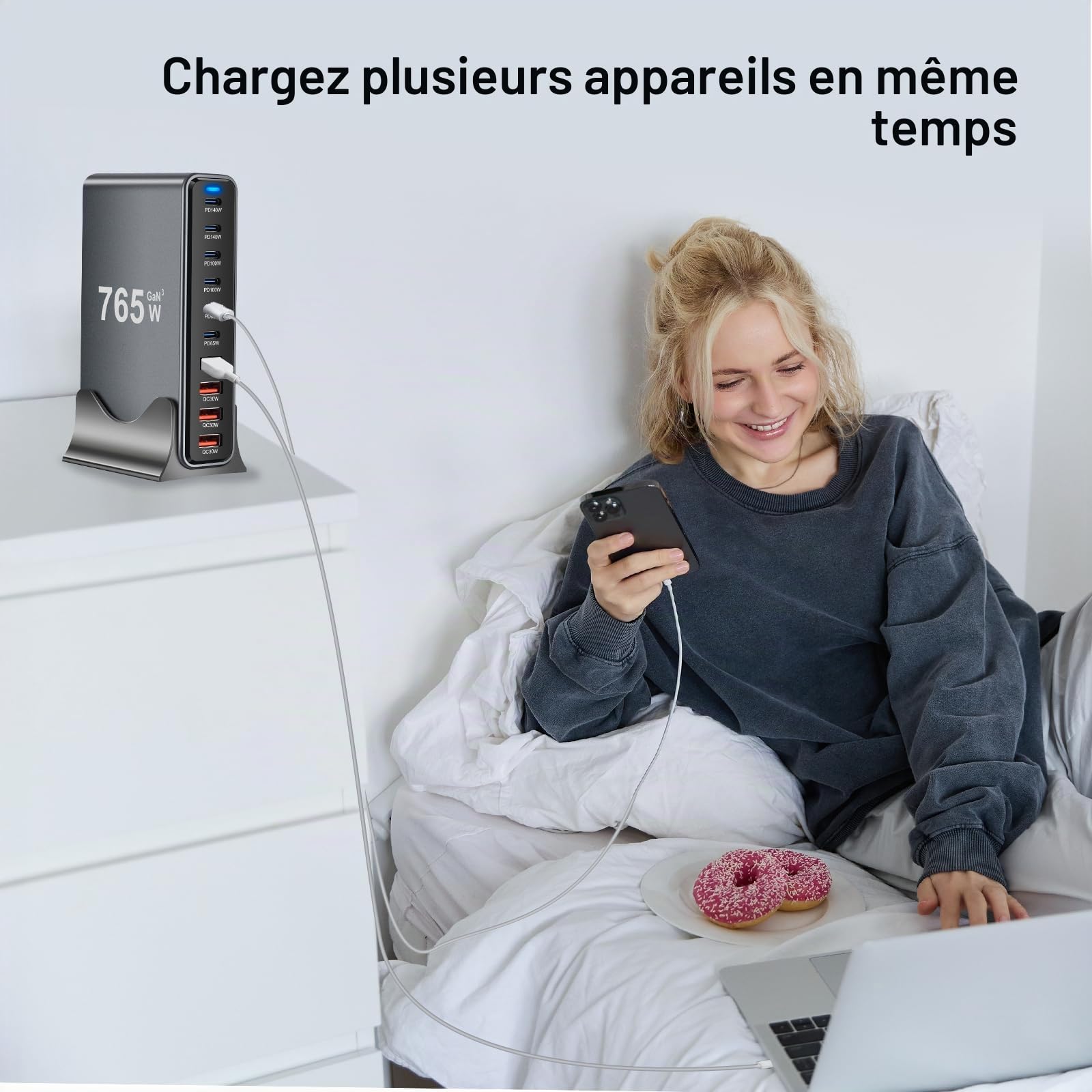 765 W Chargeur USB C Multiple, Station de Charge PD 140 W 100 W 65 W, Chargeur Rapide à 10 Ports Chargeur GaN-III Compatible avec MacBook, iPad, iPhone séries 16/15/14, Galaxy S22/ S20,Dell, HP