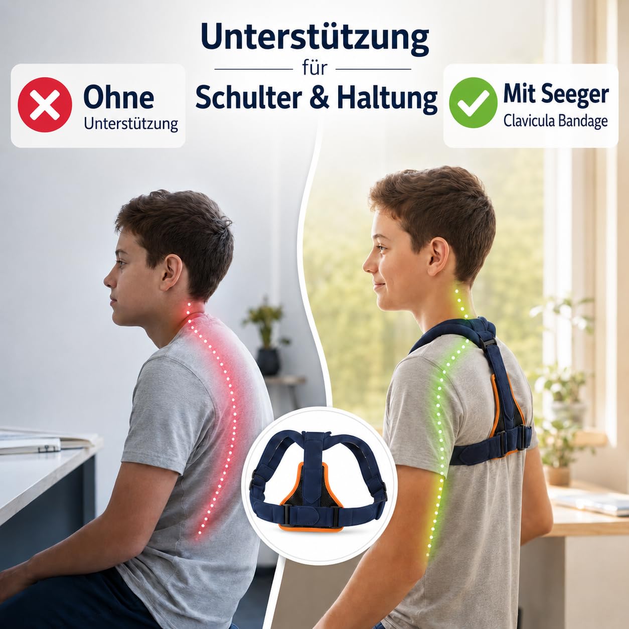 Seeger Rücken Geradehalter & Haltungskorrektur – Rückenstützgürtel für Kinder, Schultergurt Haltungskorrektur für geraden Rücken, Clavicula Bandage, verstellbar, Made in Germany