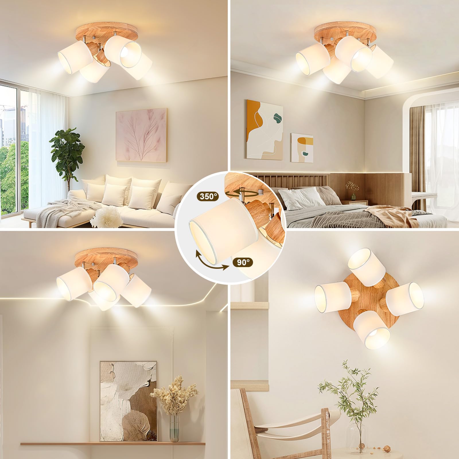 Plafoniera Lampada da Soffitto 4 Faretti Rotonda Orientabili, Legno Faretti da Soffitto Faretto da Parete Vintage Plafoniera 4 Luce E14 per Soggiorno Cucina Cameretta, Lampadina Non Inclusa