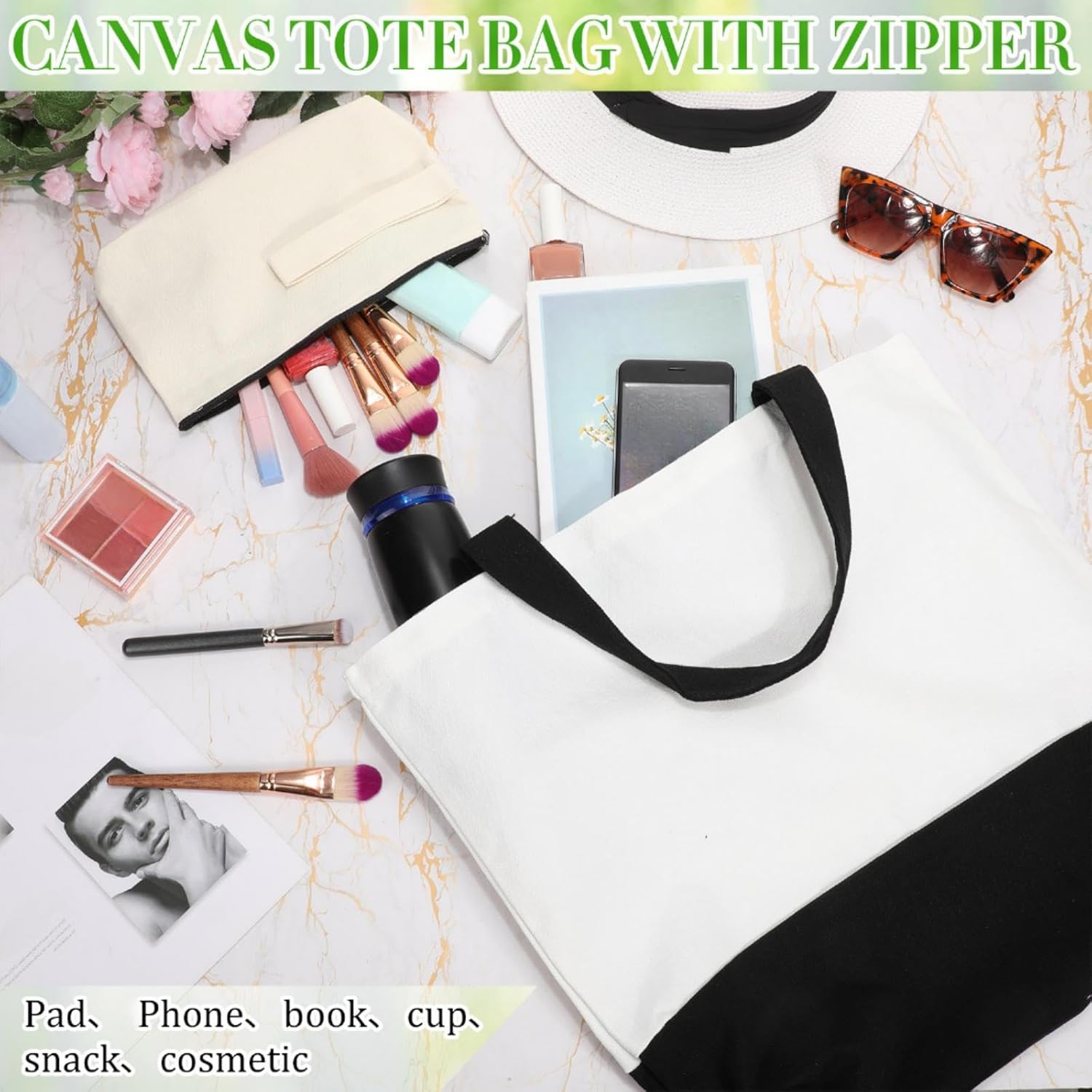 Sanwuta 30 Pcs Canvas Tote Bags Bulk with Zipper Cosmetic Pouch 18.5" Reusable Cotton Shopping Bag with Handle for DIY Craft (Black) - Image 5