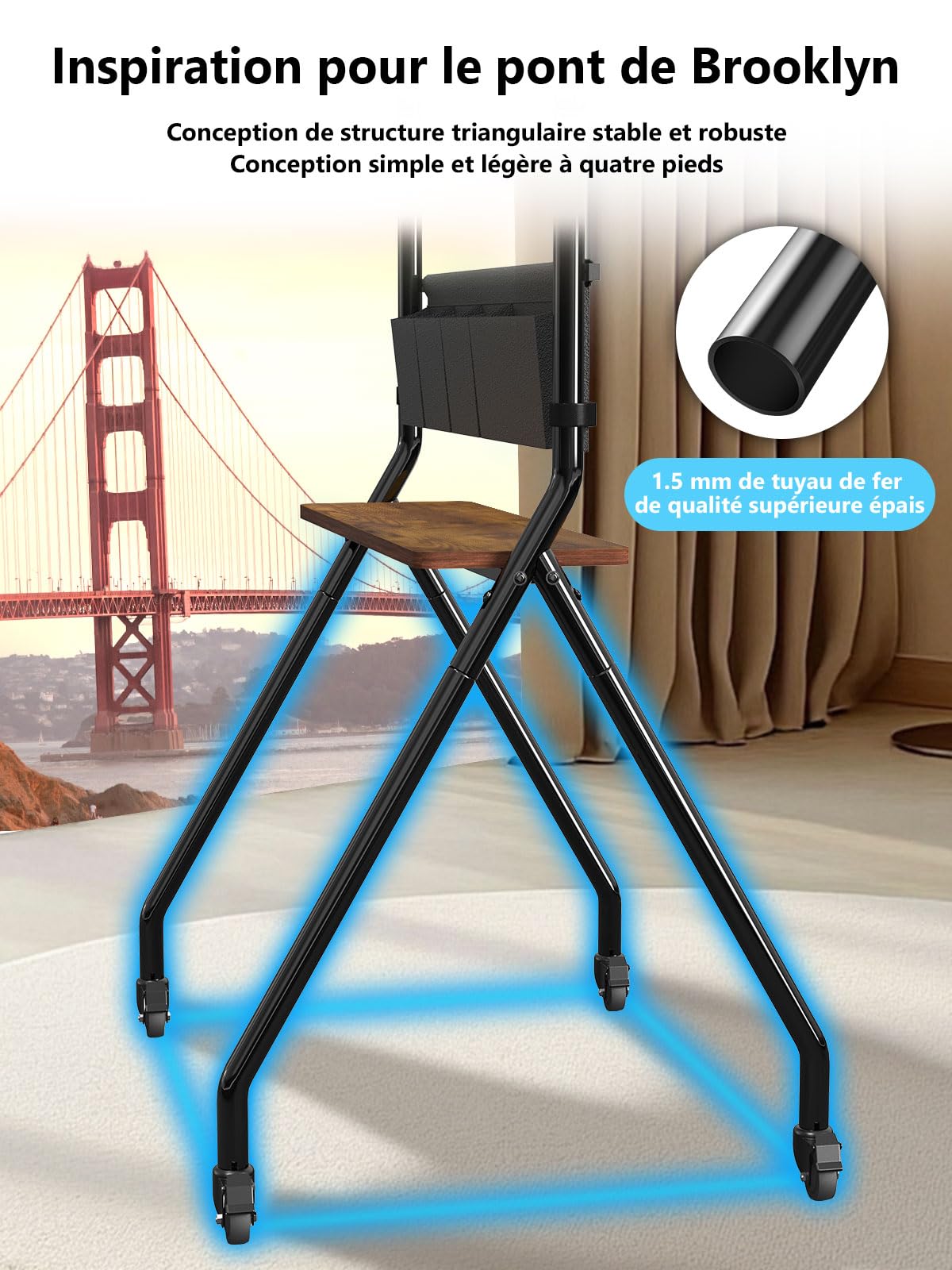 Support mural roulant pour TV avec sacs de rangement, design anti-collision esthétique, chariot TV mobile pour écrans LCD/LED/OLED plats/courbés de 32 à 75 pouces, supporte jusqu'à 45 kg, hauteur
