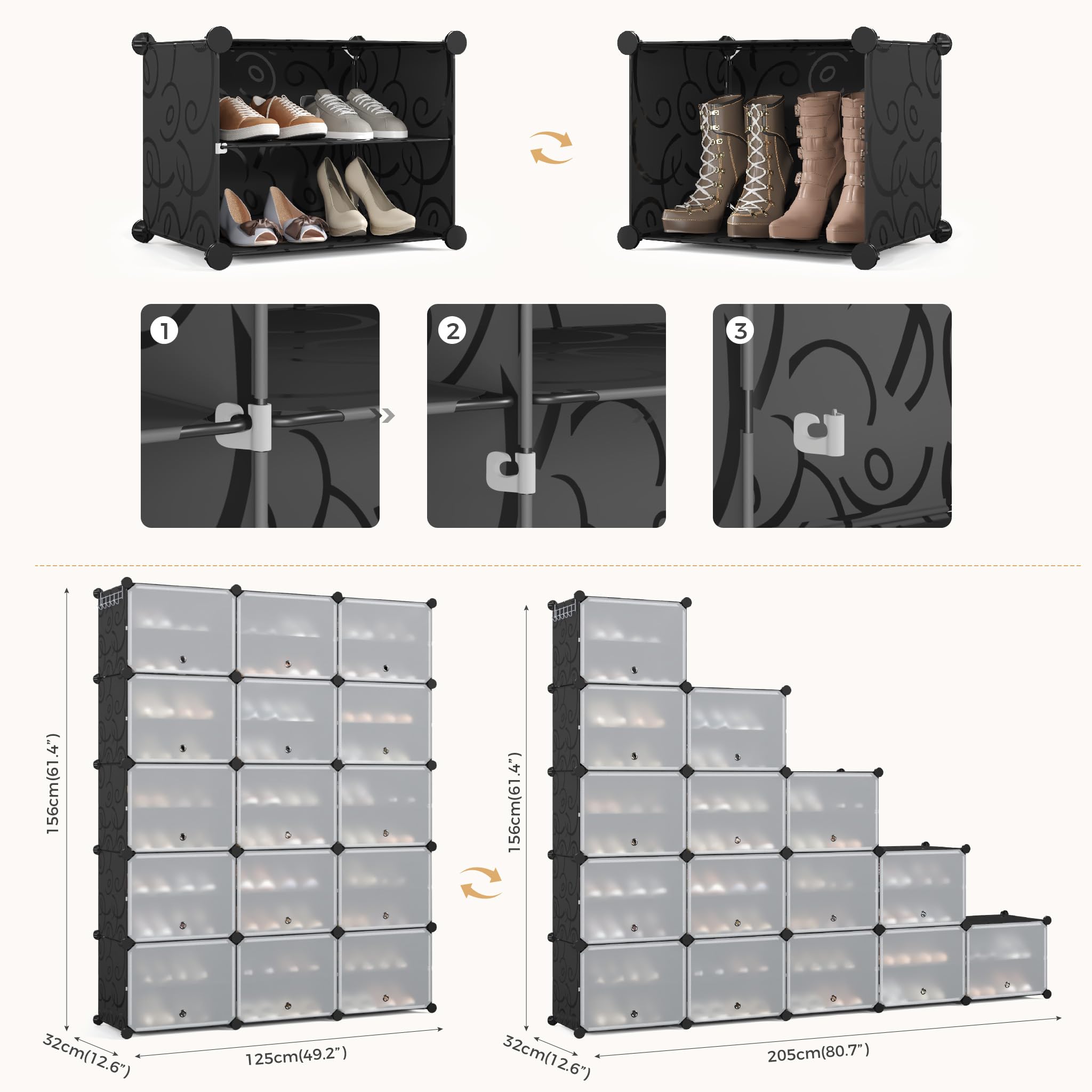 Mondeer Schuhregal,3x10 Stufiger Kunststoff Schuhschrank, 60 Paar Schuhe | Modulares Schuhaufbewahrung mit Tür,Anpassbar,Freie Kombination,Staub und Wasserabweisend,Flur Schlafzimmer Eingang,Schwarz
