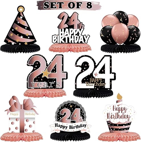 LINGTEER Letrero de regalo para mesa de feliz cumpleaños número 24, color oro rosa, panal, saludos a 24 años, decoración de mesa para fiesta de 24