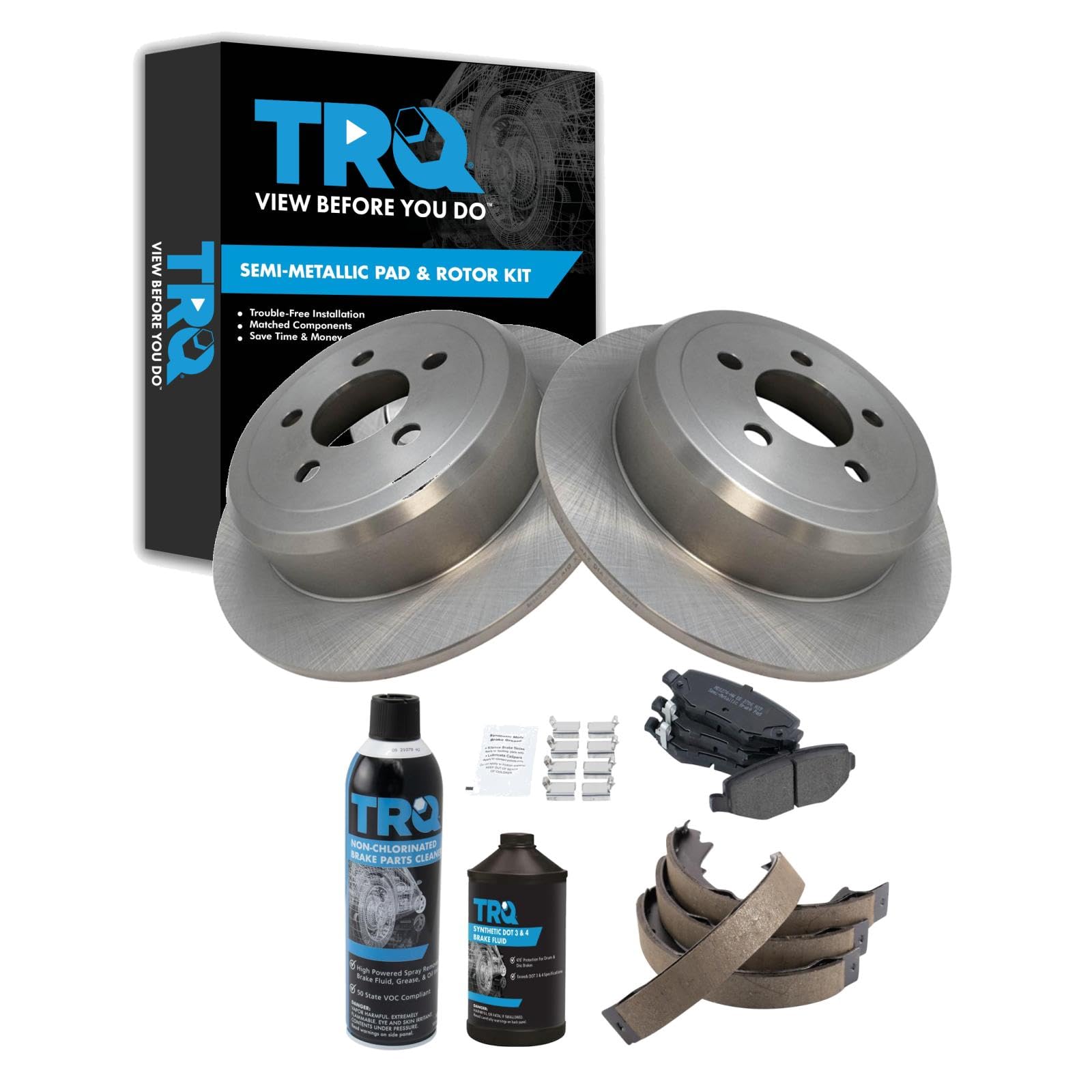TRQ Rear Brake Pad &amp; Rotor Kit, with Chemical Kit Parking Brake Shoe Set Semi-Metallic Compatible with 2007-2011 Dodge Nitro 2008-2012 Jeep Liberty