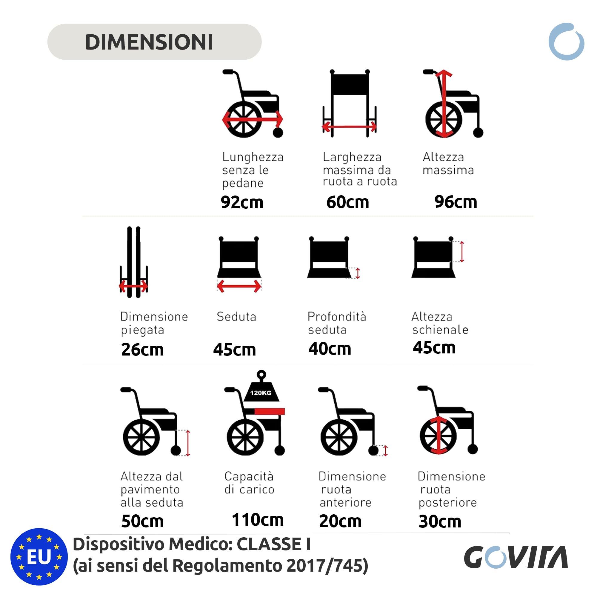 GOVITA - Sedia a rotelle pieghevole da transito leggera - Carrozzina richiudibile per disabili ed anziani, doppio sistema di stazionamento,Cintura di sicurezza,Garanzia Italia 24 mesi