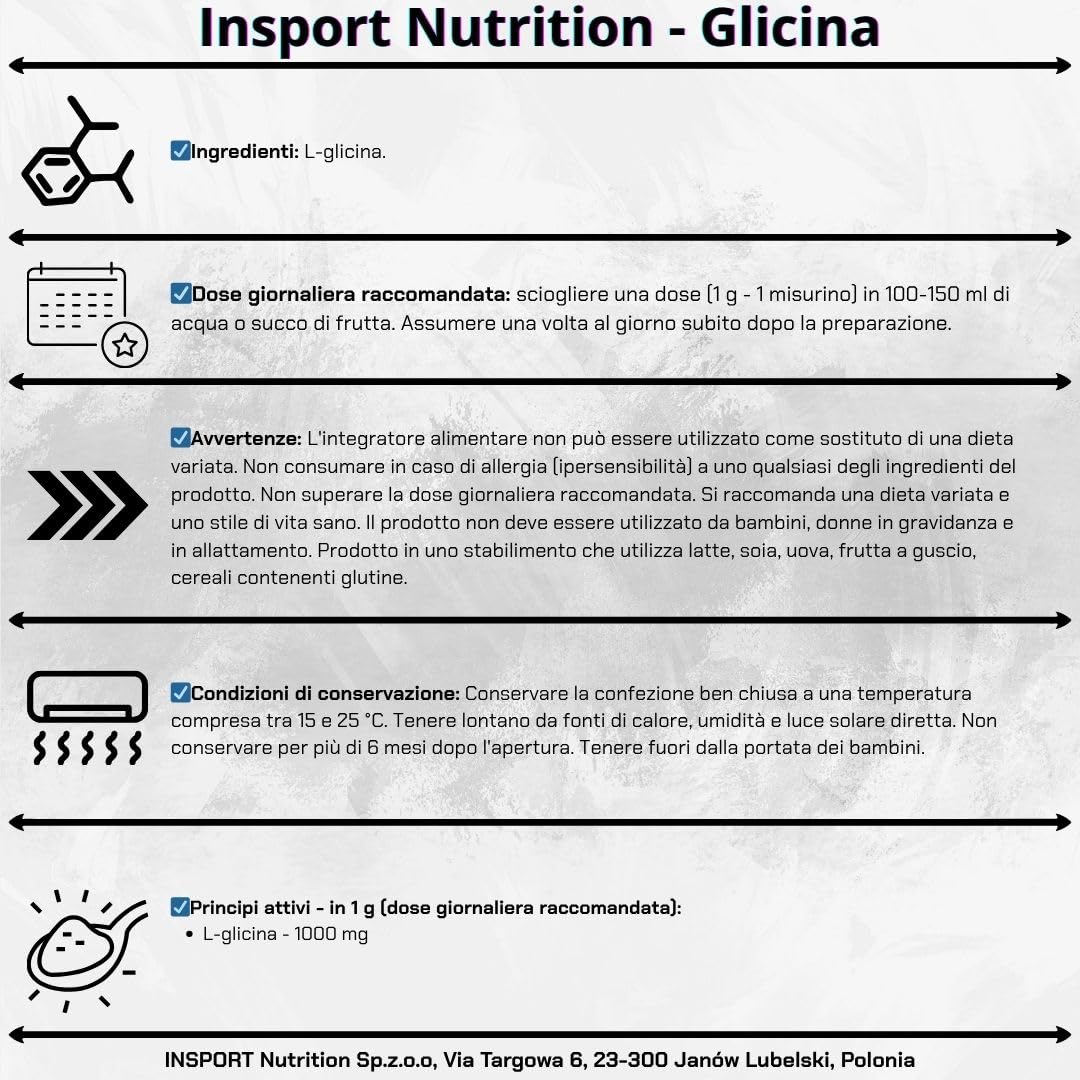 Glicina in Polvere 250g | L-Glicina Pura per Sistema Nervoso, Sonno e Muscoli | Integratore Antistress Naturale | INSPORT