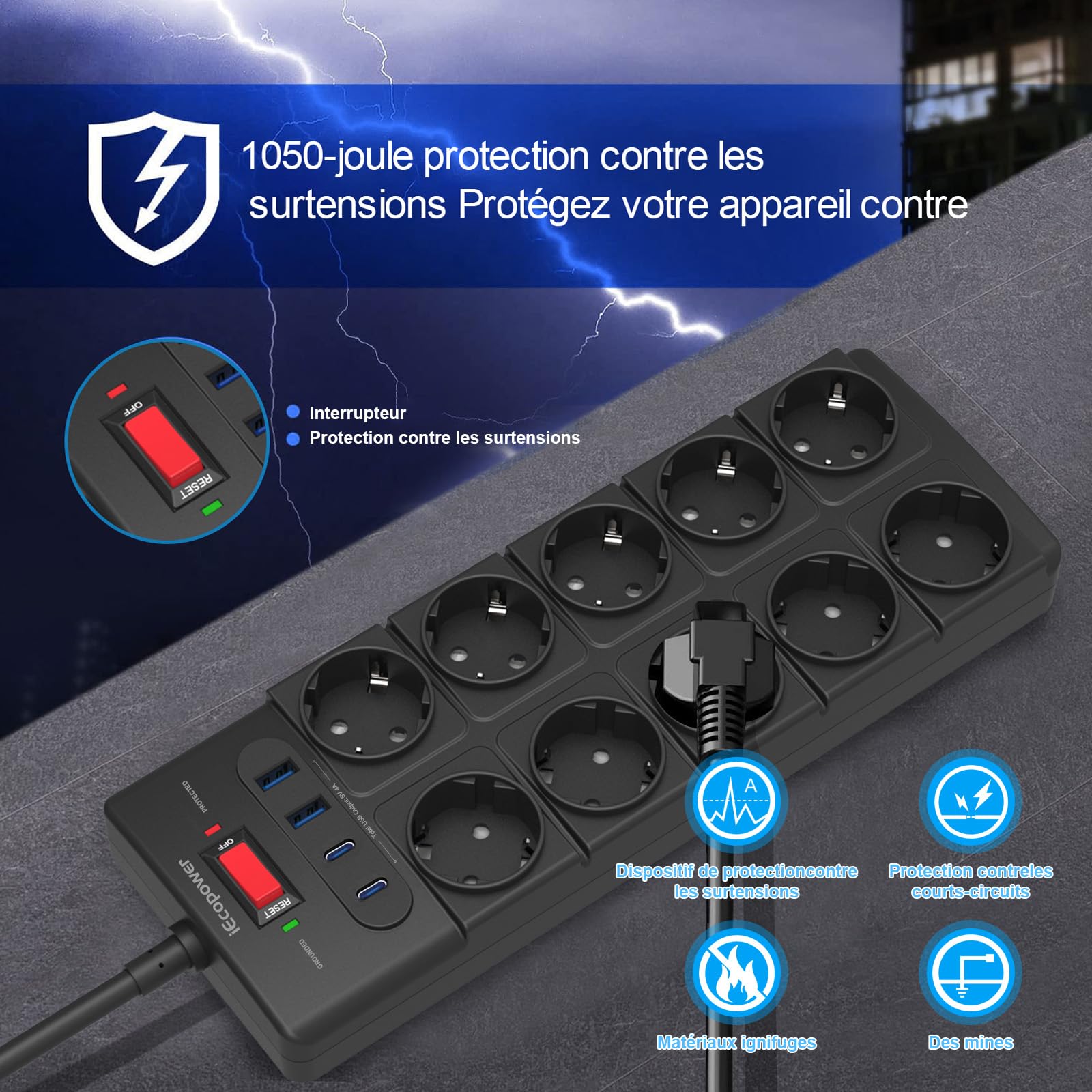 IECOPOWER multiprise 10 Prises,USB multiprise(PD 20W 2 USB-C Ports et 2 USB-A Ports), multiprise avec Interrupteur,4000W/16A,1050 J, multiprise parafoudre et câble d'extension de 2 m, Noir