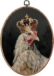 WHCHJ Vintage Whimsical Queen Chicken Oval Wall Art Decor 8.7x11.4 Inch, Rustic Farm Animal Rooster Framed Canvas Prints Hanging Wall Decor for Kitchen Home Bedroom Living Room