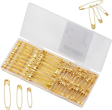 Safety Pins - 270 Assorted Sizes Bulk Pins - Large Heavy Duty Pins for Clothing, Sewing and Crafts Golden