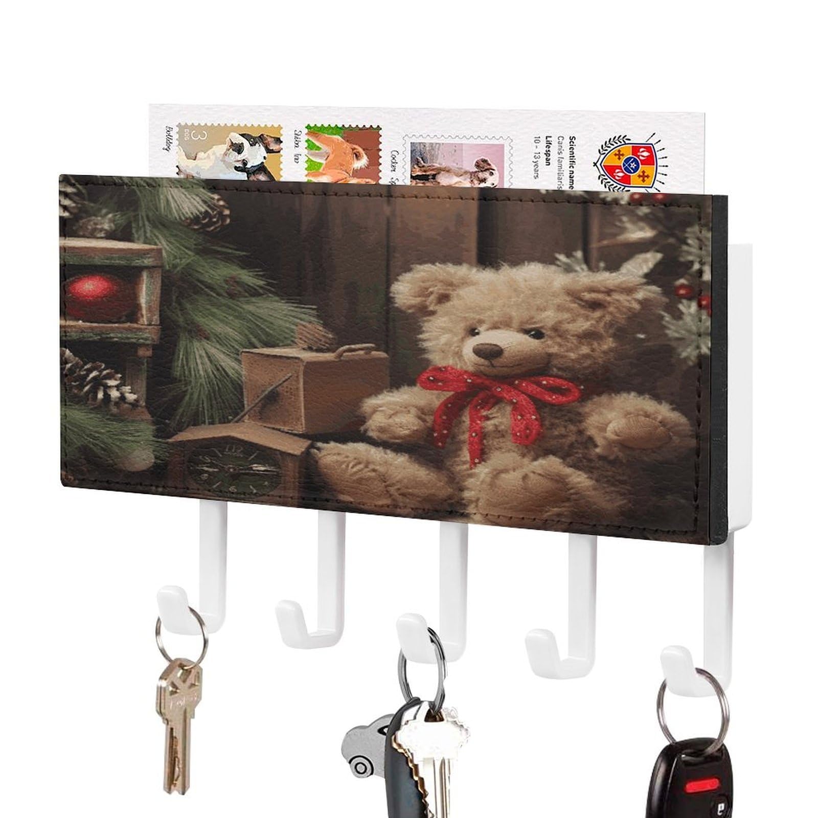 LDGSUPH Xmas Tree Branch Bear Doll Key Holder Wall Mount Key Hanger with 5 Hooks Fashion Key Organizer Rack Hanging Key Hooks with Mail Organizer Key Rack for Home Entryway Hallway White-Style
