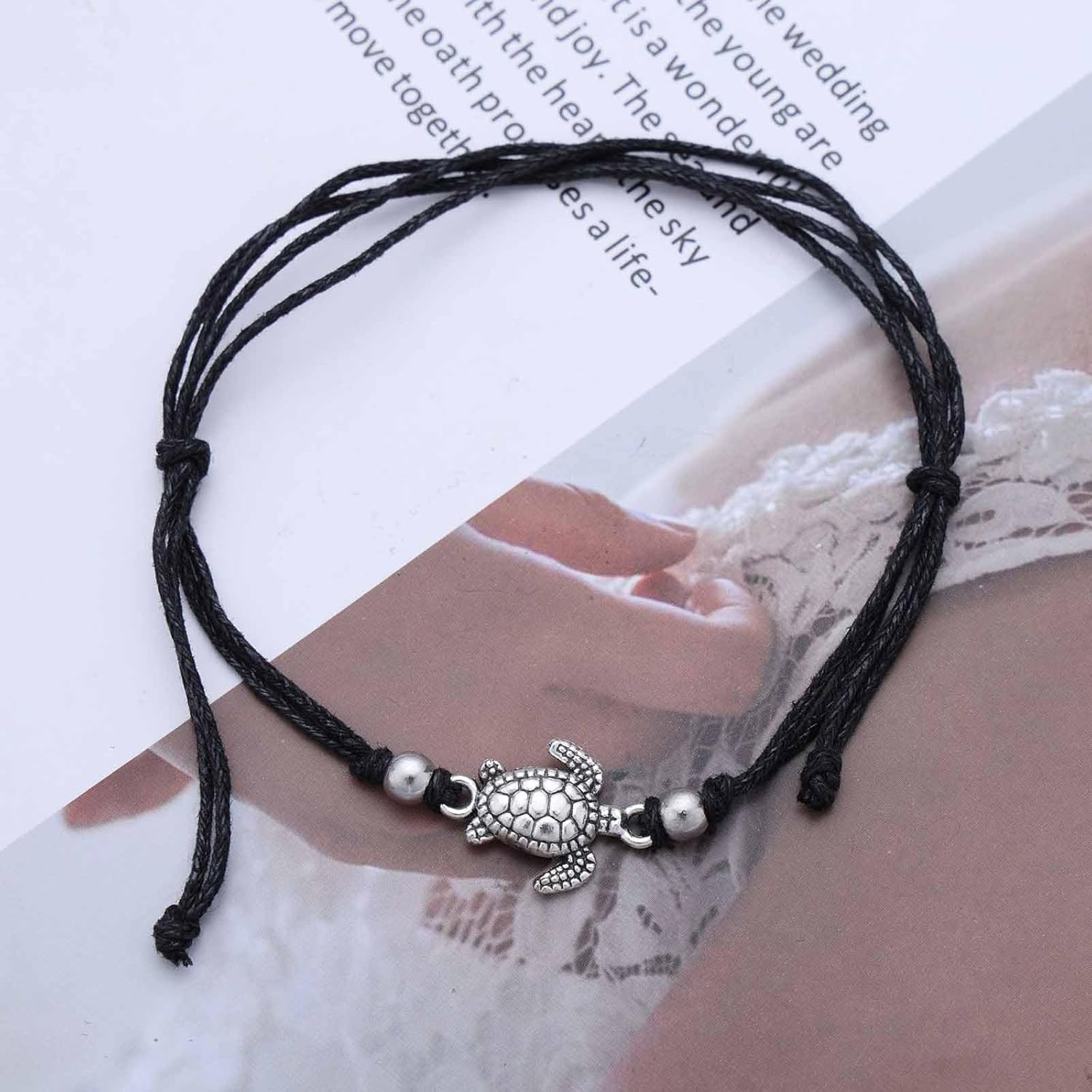 Bohemian Sea Turtle Anklet Bracelet Black Woven Rope Ankle Bracelet Silver Metal Turtle Chain Anklet Adjustable Wax Cord Anklets Summer Beach Foot Chain Jewelry for Women - Image 6