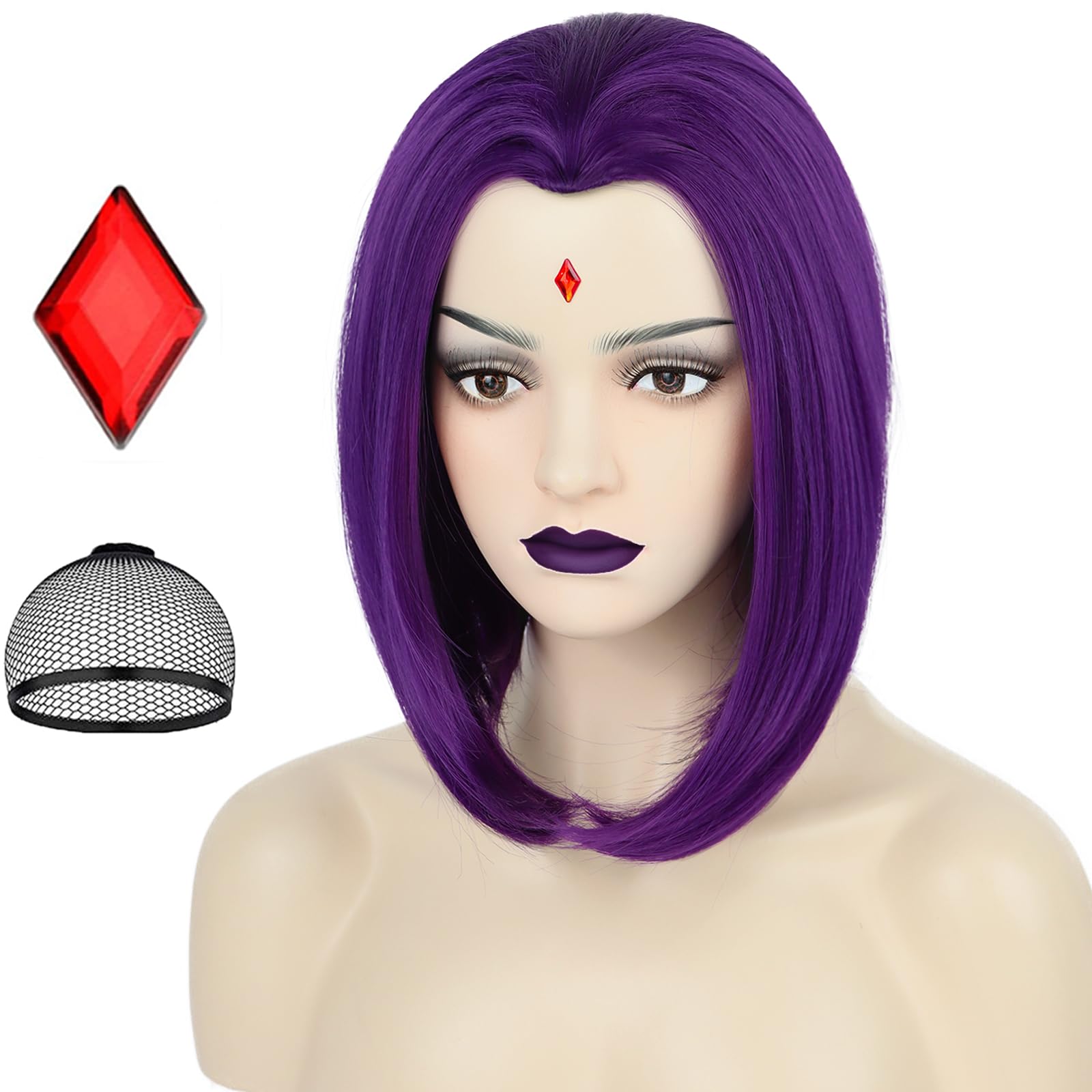 Purple Bob Wig with Ruby Sticker for Women's Cosplay Dark Purple Heat Resistant Synthetic Anime Wigs for Costume Party Halloween or Fun
