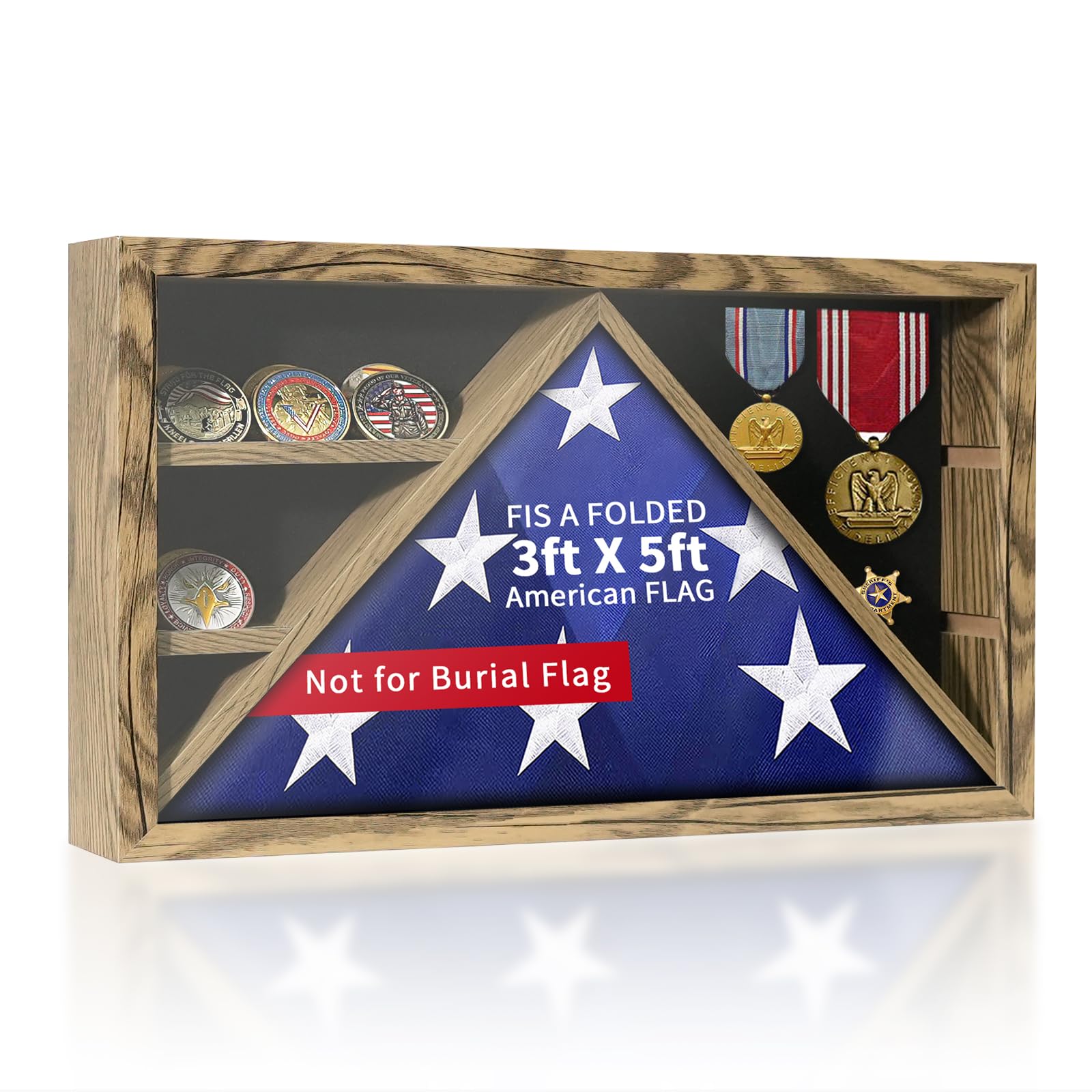 ASmileIndeep Flag Box Display Case for 3' x 5' American Flag, Not for Burial Flag, Military Shadow Box with HD Tempered and Wall Mounted?Flag Cases for Veterans,Folded Flag Display Case, Rustic Wood