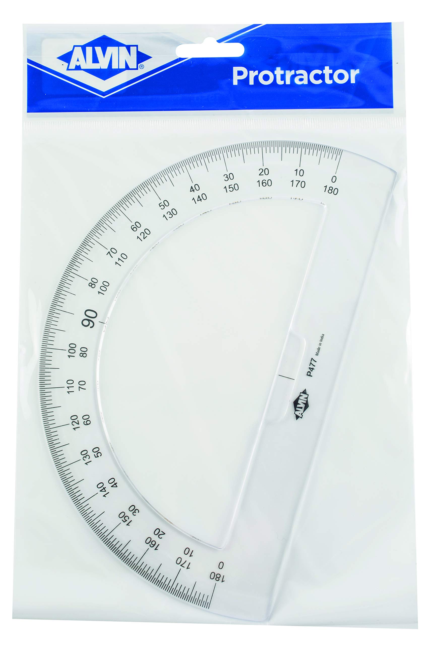 ALVIN P477, 8" Semicircular Protractors, 0.09" Thick Clear Plastic, School or Drafting Use