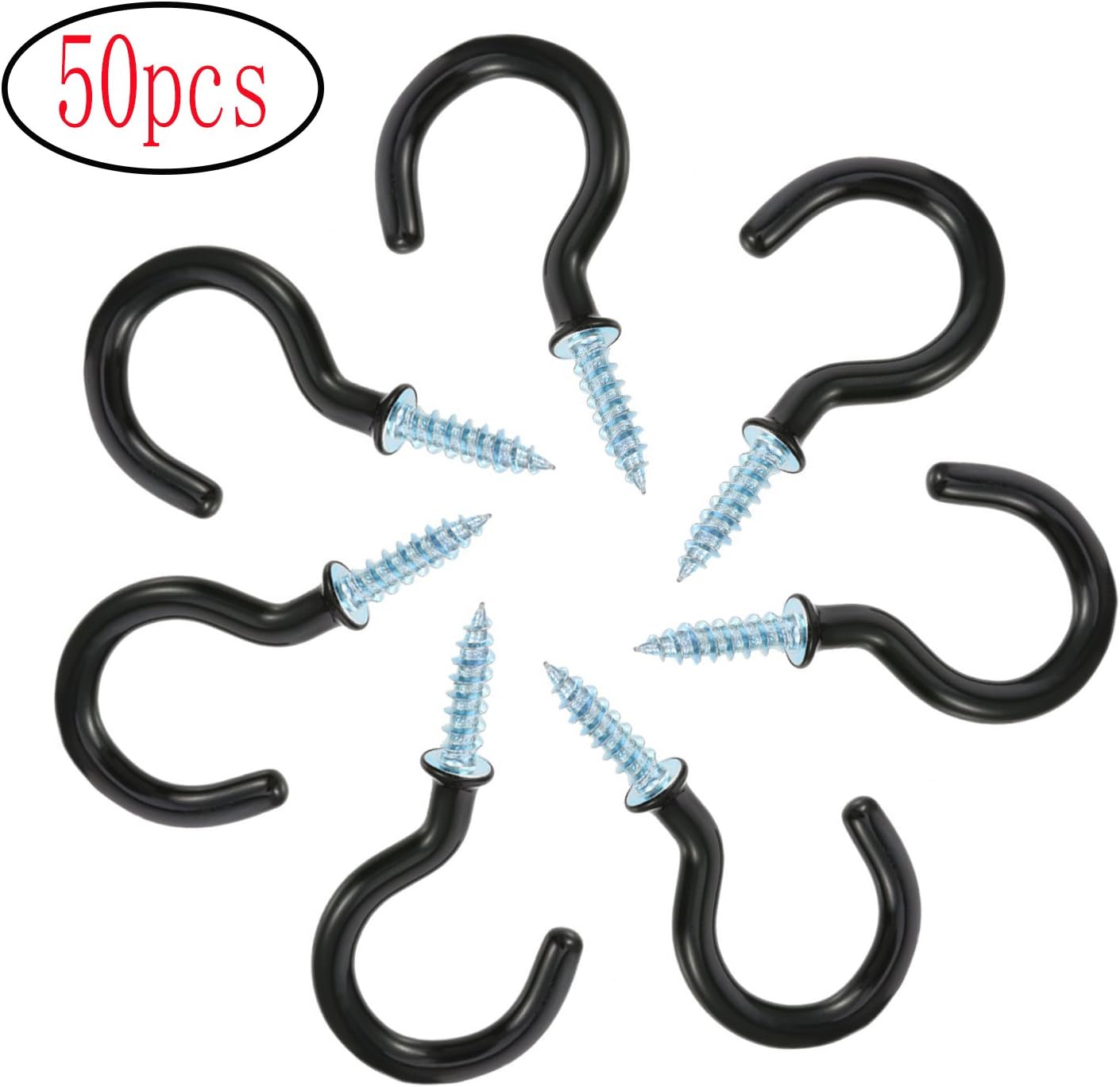 TAIKA 50pcs Cup Hook Ceiling Hooks, 1-1/4 Inches, Vinyl Coated Screw Hanger (Black)