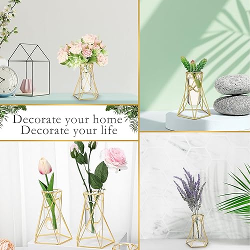 Miniatura 7 de Dandat Jarrón geométrico dorado de 12 piezas para centros de mesa, jarrón de vidrio con soporte de metal, jarrón hidropónico, florero moderno para