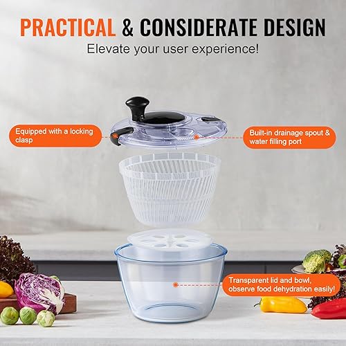 Miniatura 6 de VEVOR Girador de ensalada de vidrio, 4.75 cuartos de galón, lavadora grande de secadora de verduras con una sola mano, limpiador y secadora de
