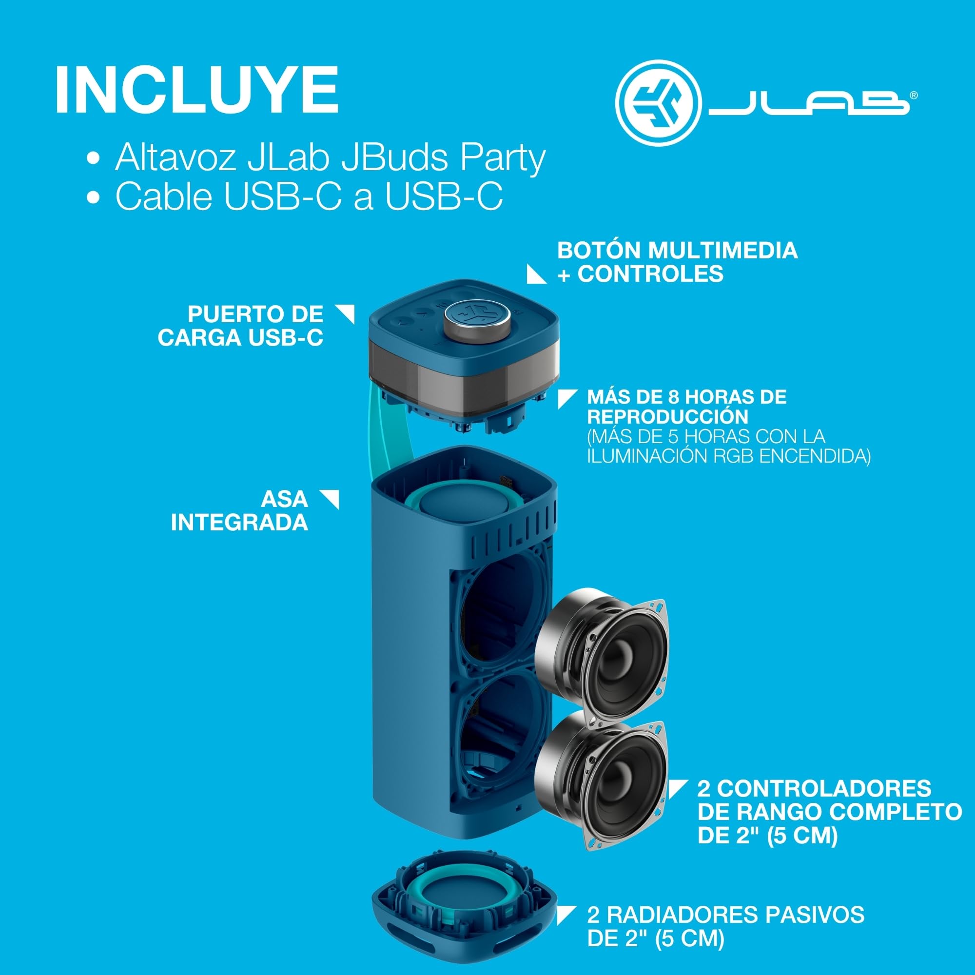 JLab JBuds Party Altavoz Bluetooth Portátil - 12H+, Azul Marino | Altavoz Inalámbrico 30W para Exteriores y Viajes con Luces RGB y Audio Potente, Resistente al Agua IP56