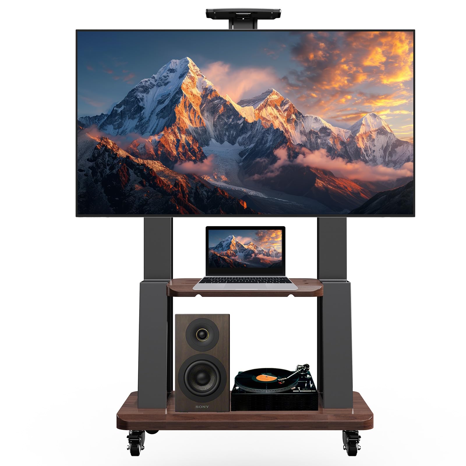 Mobile TV Stand for 32-75inch Flat Curved Screen TV Cart,with Media Shelf Tray,Height Adjustable Heavy Floor TV Stand,Portable TV Stand with Wheels Holds Up to 180lbs,Max VESA 600 * 400mm