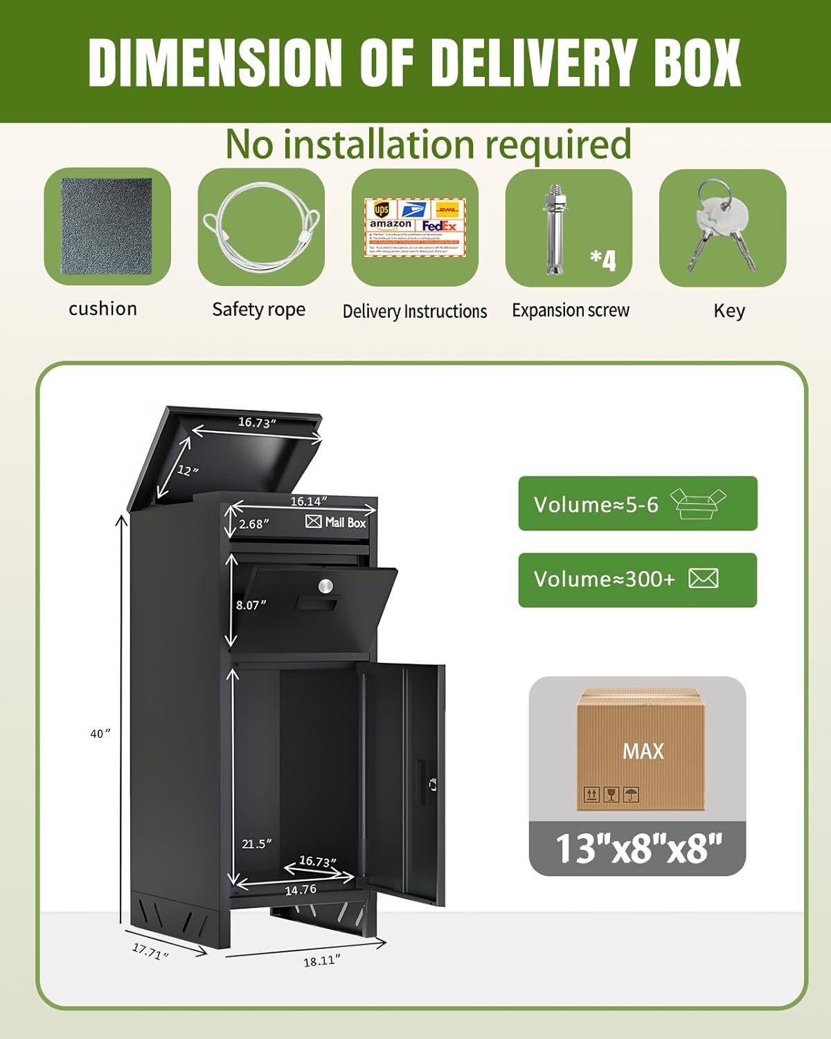Package Delivery Boxes for Outside, Large Drop Boxes for Outside,Custom Address Stickers Parcel Drop Box Suitable for Porch,Lockable Mailbox for Outdoor, Non- Installation(17.5*40.3*18.4 in)